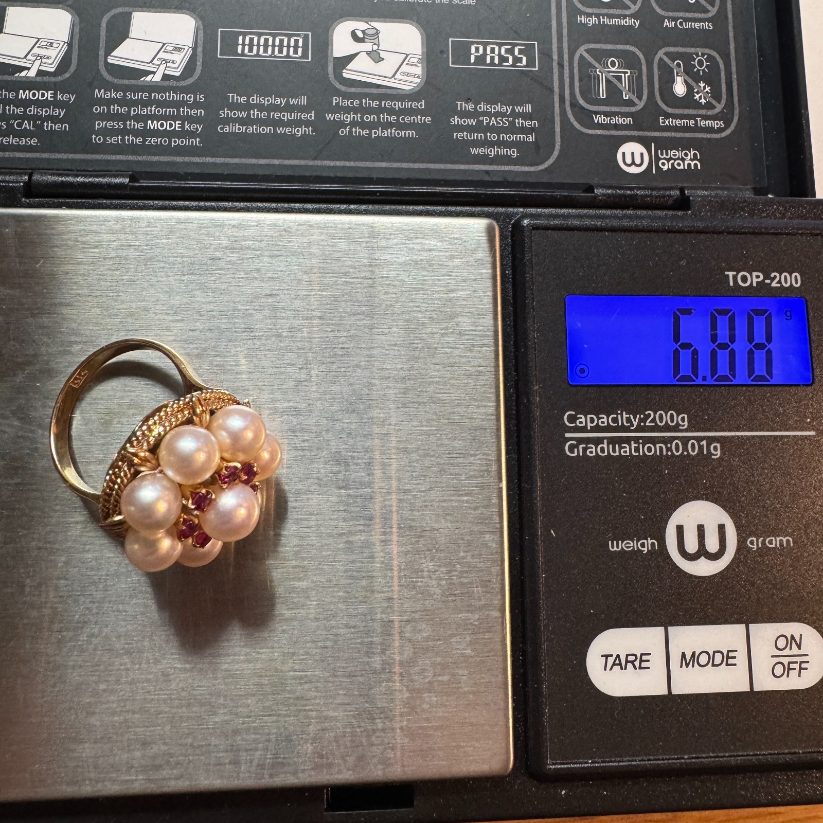 Solid 14k Gold Ring with Pearls and Rubies / Size 5 / 18.44 mm Wide / 6.88 Grams