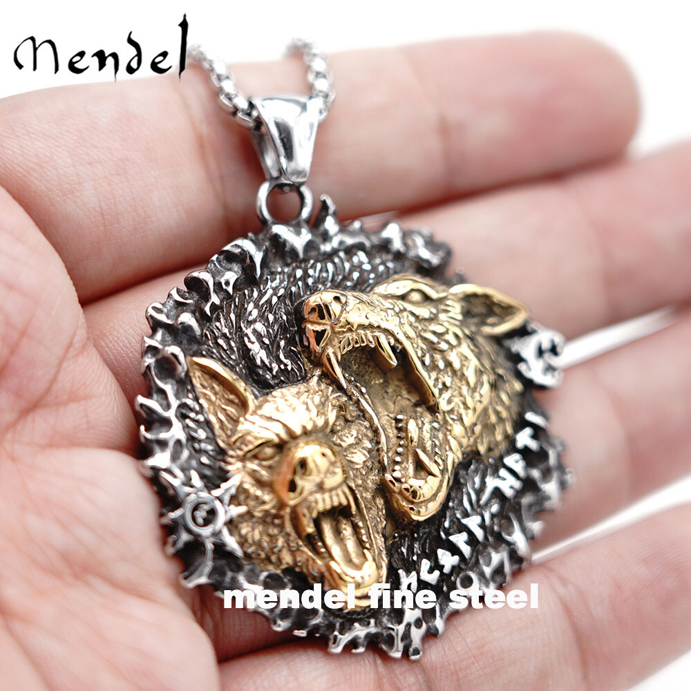 MENDEL Mens Gold Plated Viking Odin Wolf Geri & Freki Pendant Necklace For Men