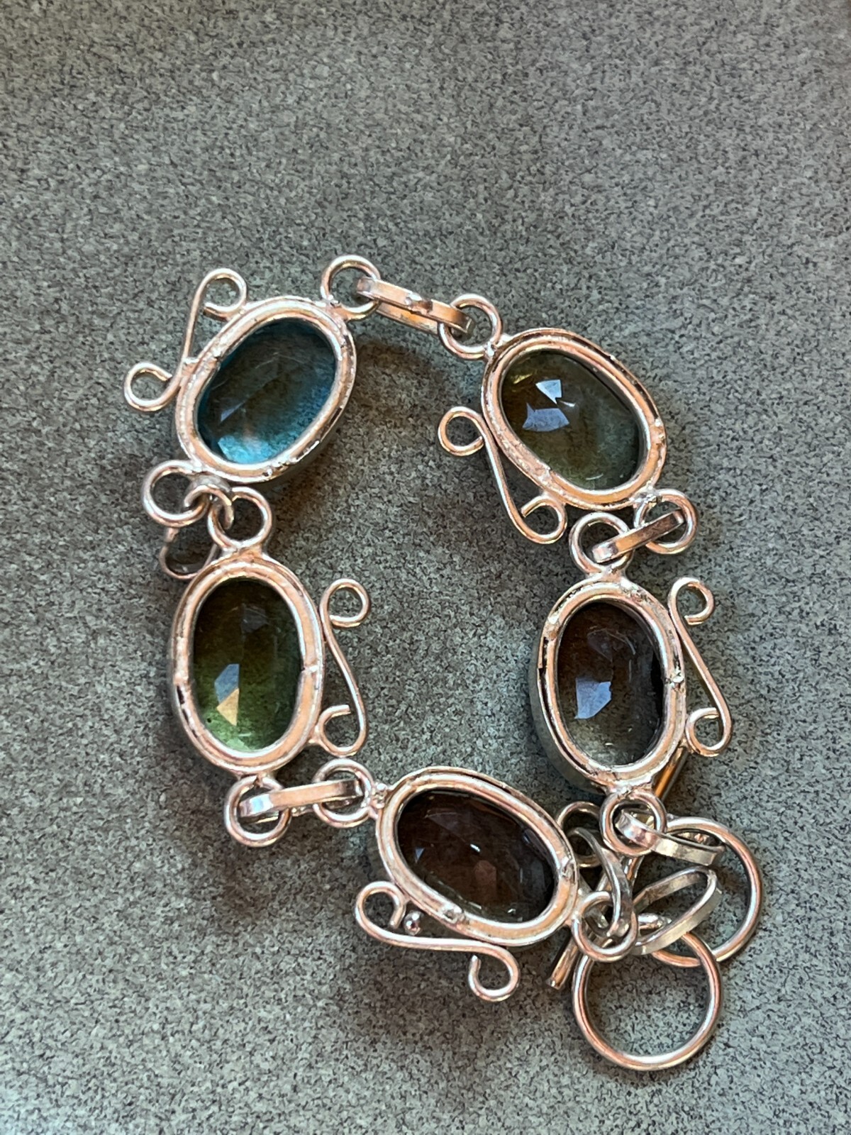Brown Green & Blue Oval Faceted Glass in Nonmagnetic Silver Frame LInk Bracelet