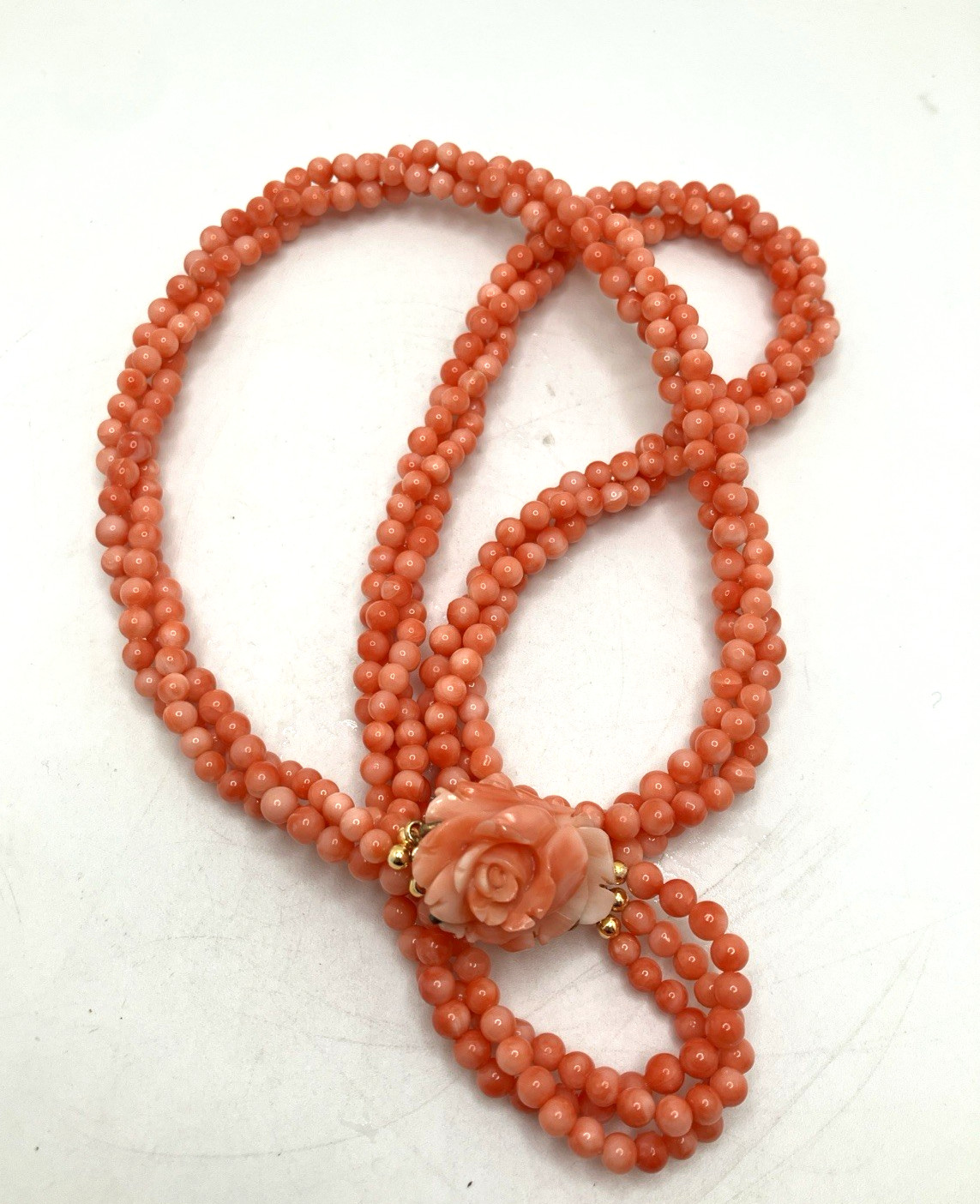 Vintage Twisted 3 Strand Coral Necklace w Carved Rose Clasp 27″