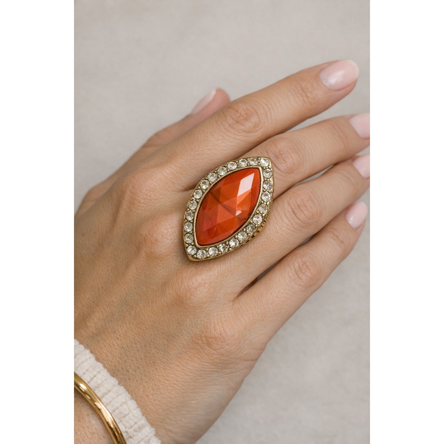 Gold Tone Orange Marquise Resin Rhinestone Leaf Engraved Statement Ring Size 7.5