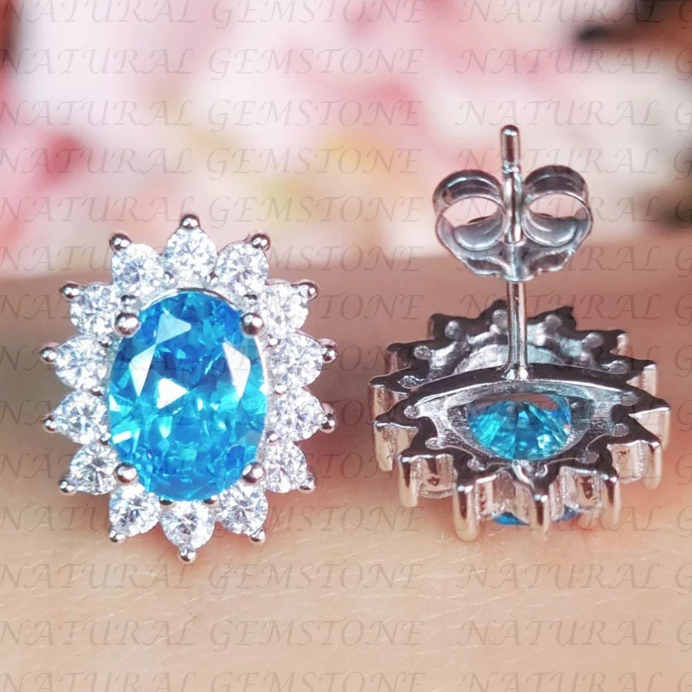 5.20crt Oval Cut Natural Blue Topaz & Diamond Stud Earring 18K White Gold Filled