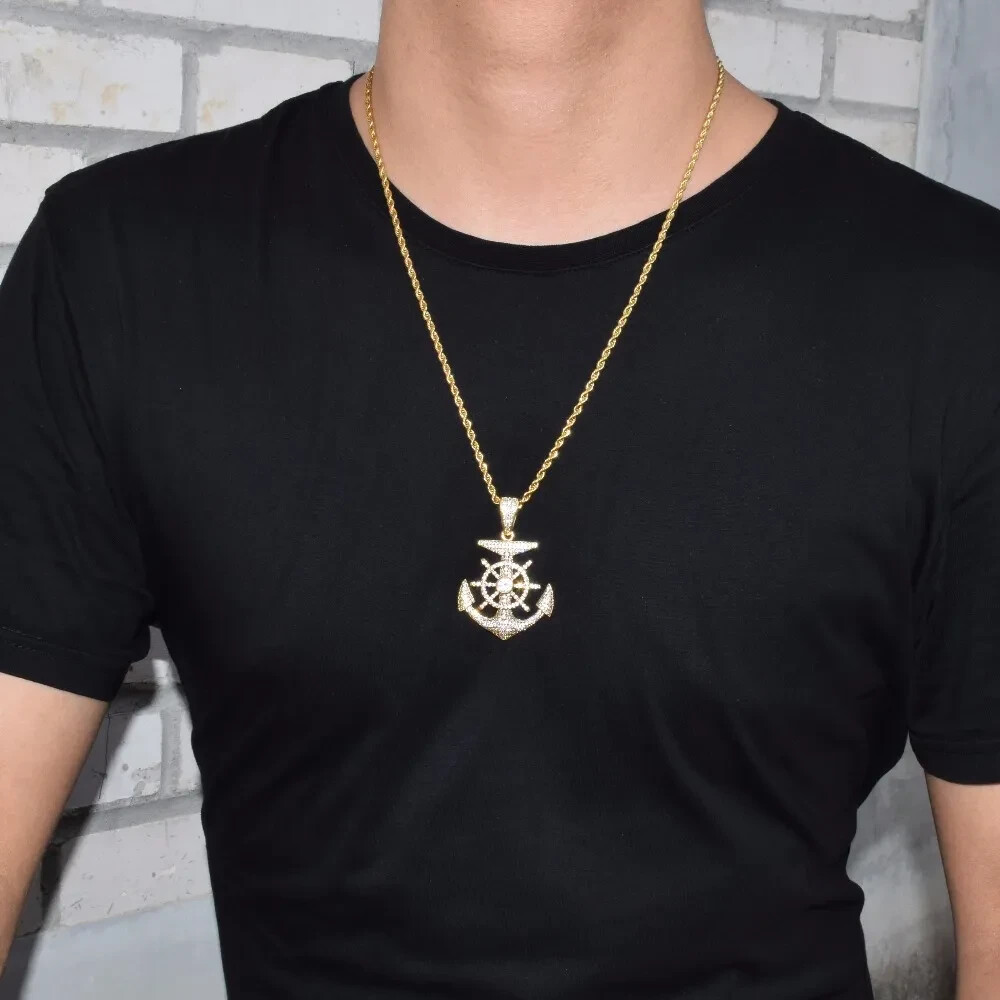 2 Ct Round Natural Moissanite ANCHOR AND RUDDER Pendant 14K Yellow Gold Plated