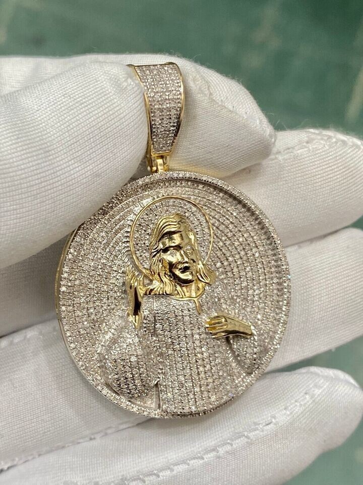 1.80Ct Round Real Moissanite Jesus Head Face Pendant 14K Yellow Gold Plated