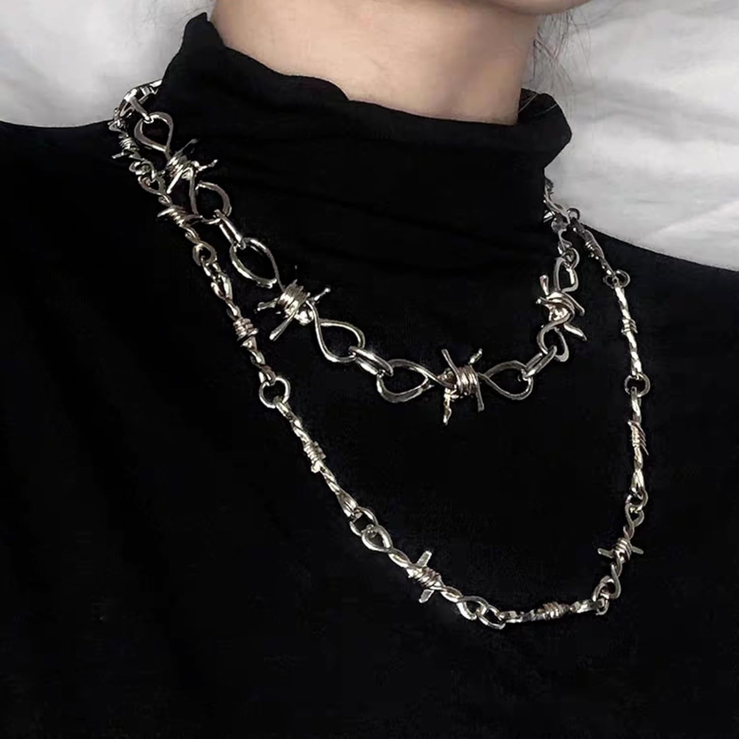 Punk Gothic Barbed Wire Chain Necklace Bracelet – Silver Jewel for Men & Women