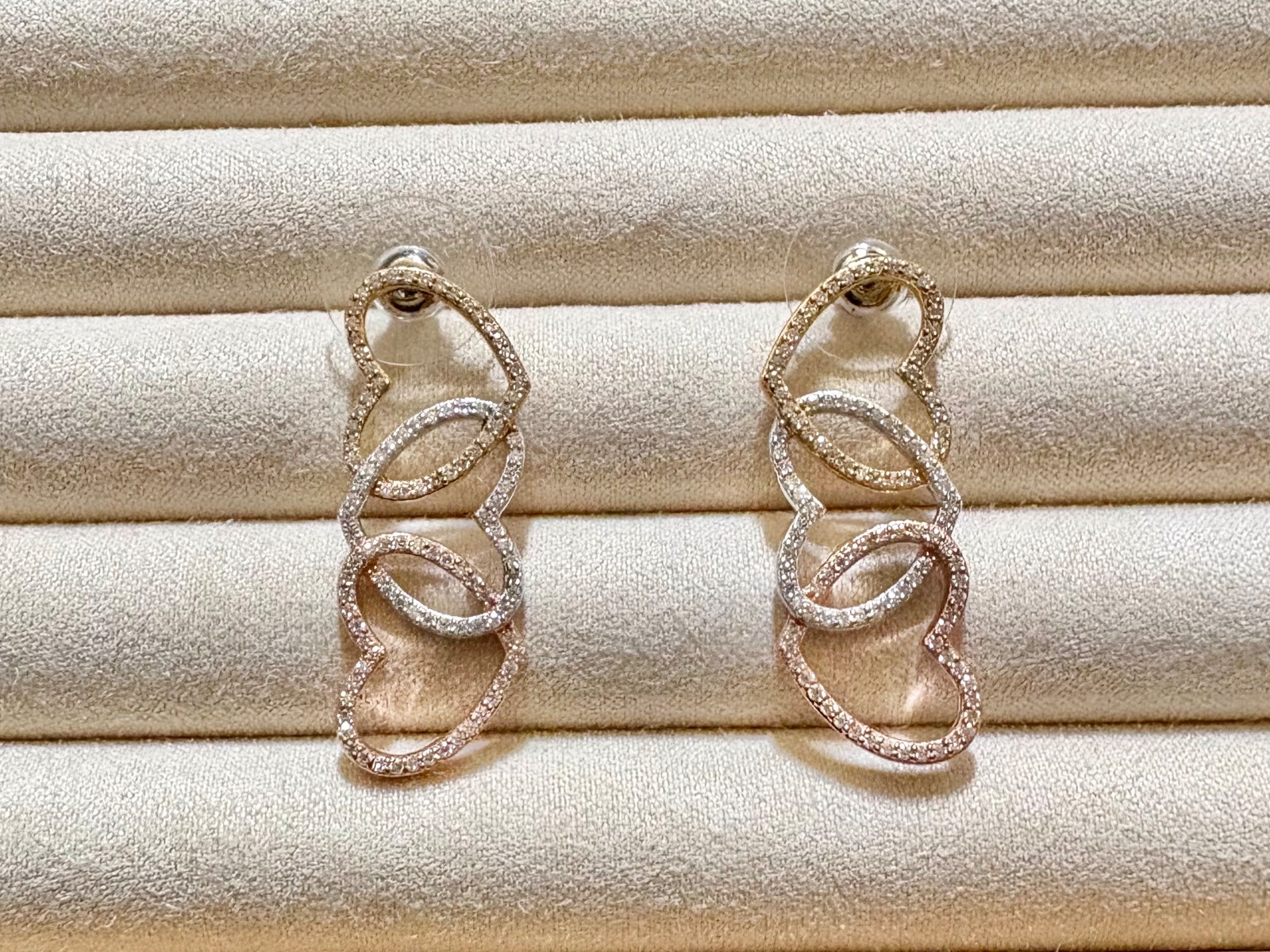 Moissanite 3 Row Heart Earrings in YG, RG and Platinum Over Sterling – 1.90 ctw.