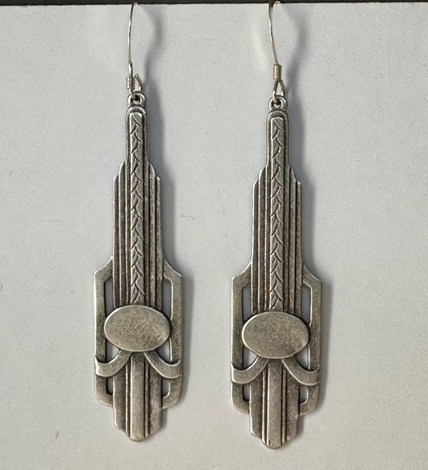Art deco style design silver oxide dramatic stylish 2″ earrings sterling wires