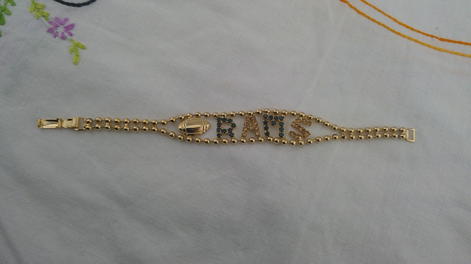 Vintage Gold Beaded RAMS Bracelet 7″ Fold over Clasp NWOT