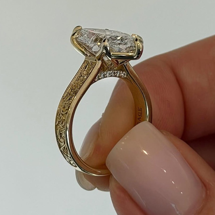 4.21Ctw Marquise Moissanite Engraved Band Engagement Ring 14K Yellow Gold Plated