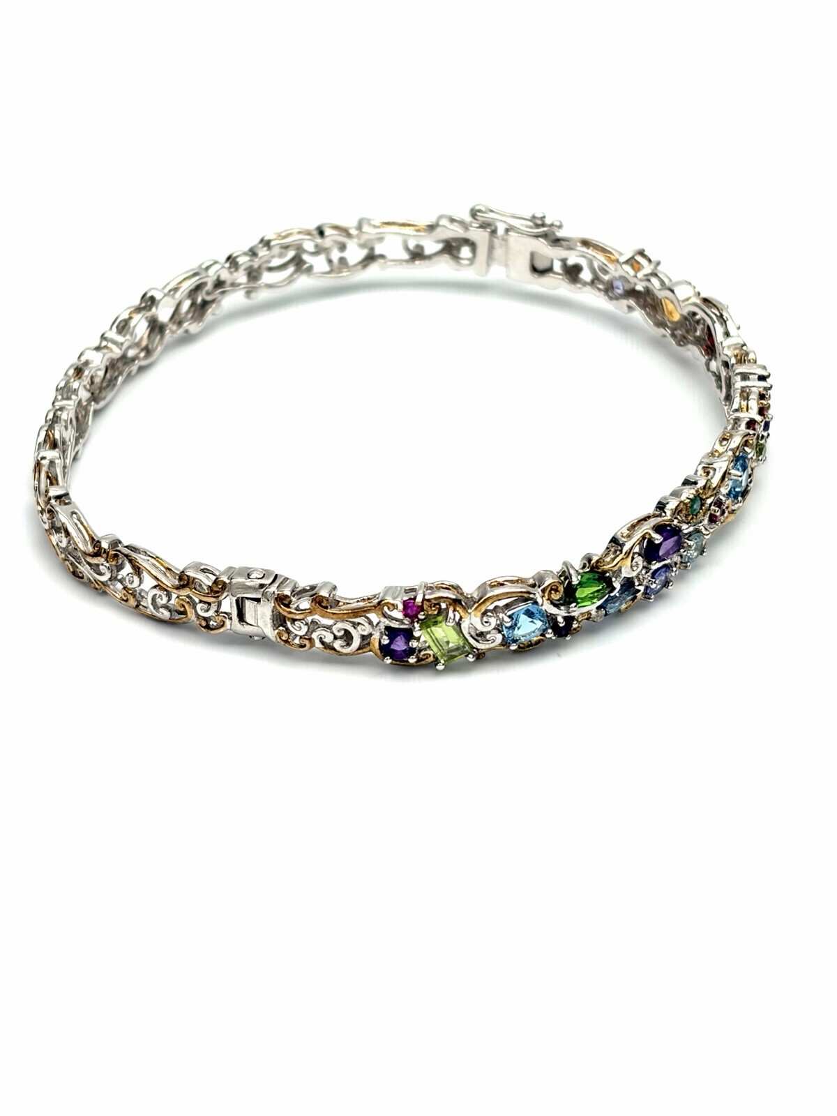 Carnival Multistone Gemstone 18k Gold Accented Sterling Silver Filigree Bracelet