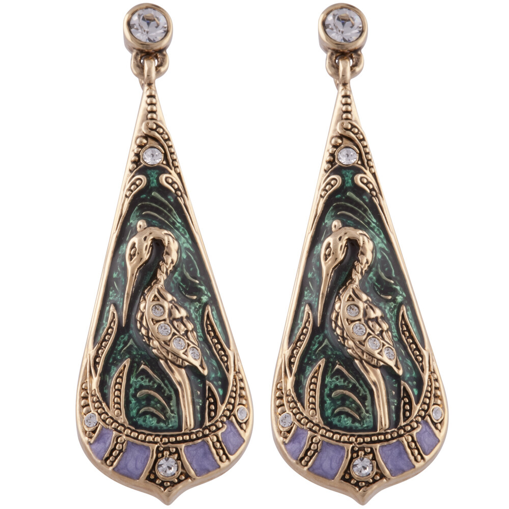 Gold Plated Art Nouveau Heron Earrings With Swarovski Crystals Ari D Norman