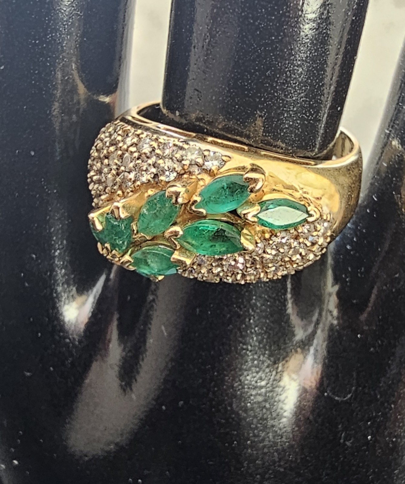 14K Gold Emerald & Diamond Ring BH Hallmark Effy Era Marquise Cluster