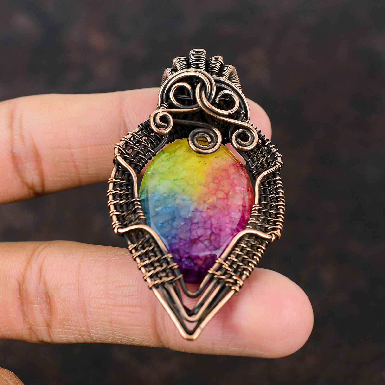 Rainbow Solar Quartz Druzy Copper Gift For Love Wire Wrapped Pendant 2.56″
