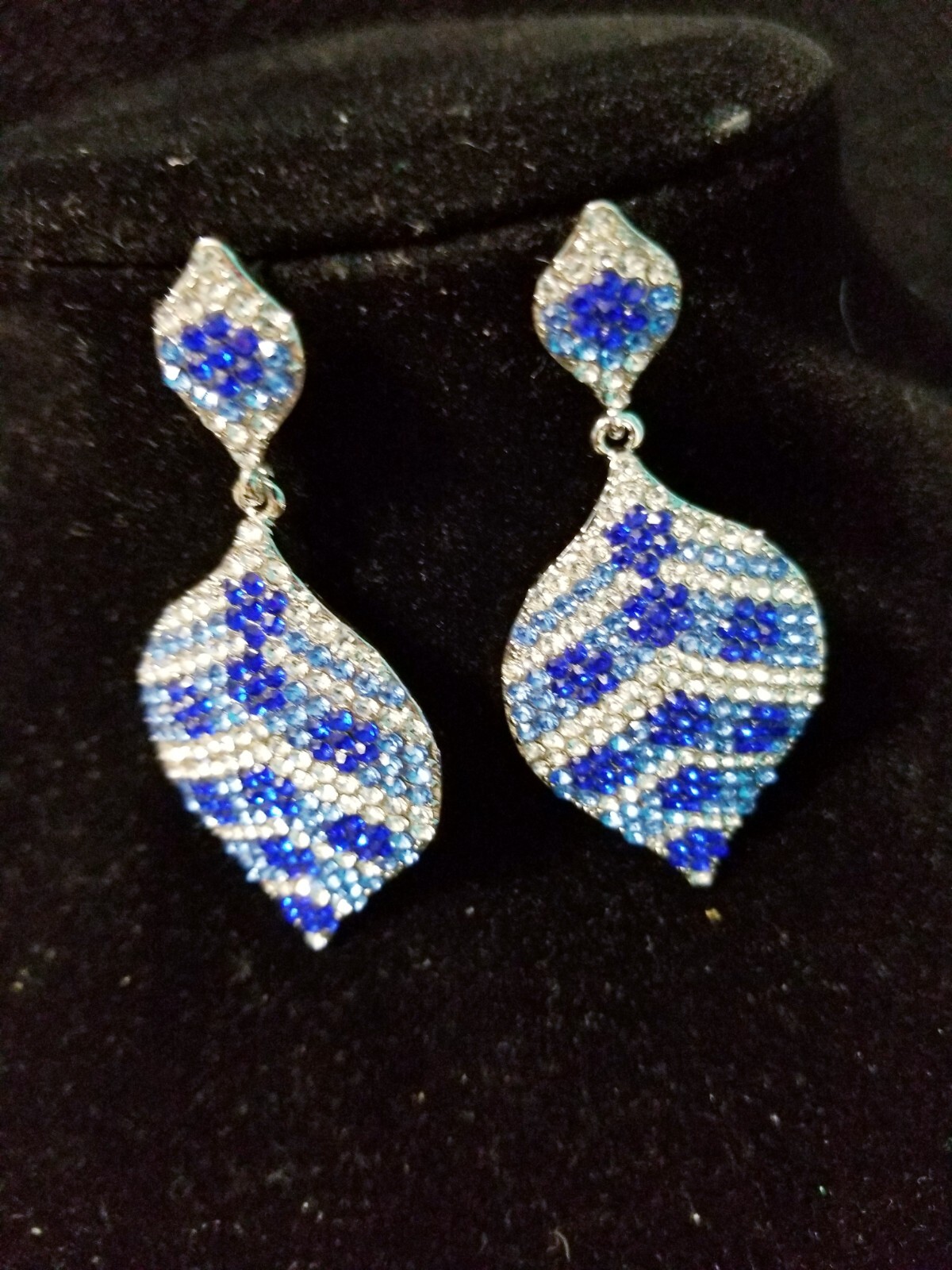 Chandelier Rhinestone Crystal Pageant Bridal Earrings Blue Drop Dangle 2.8 In