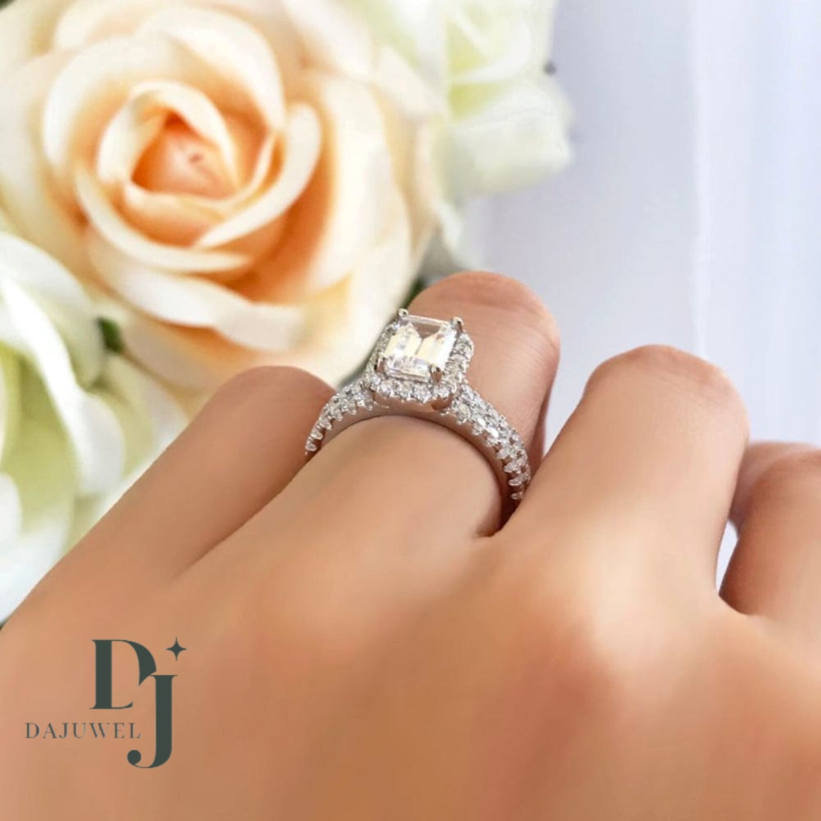 2.50 CT Emerald Cut Moissanite Bridal Set Engagement Ring Solid 14K White Gold