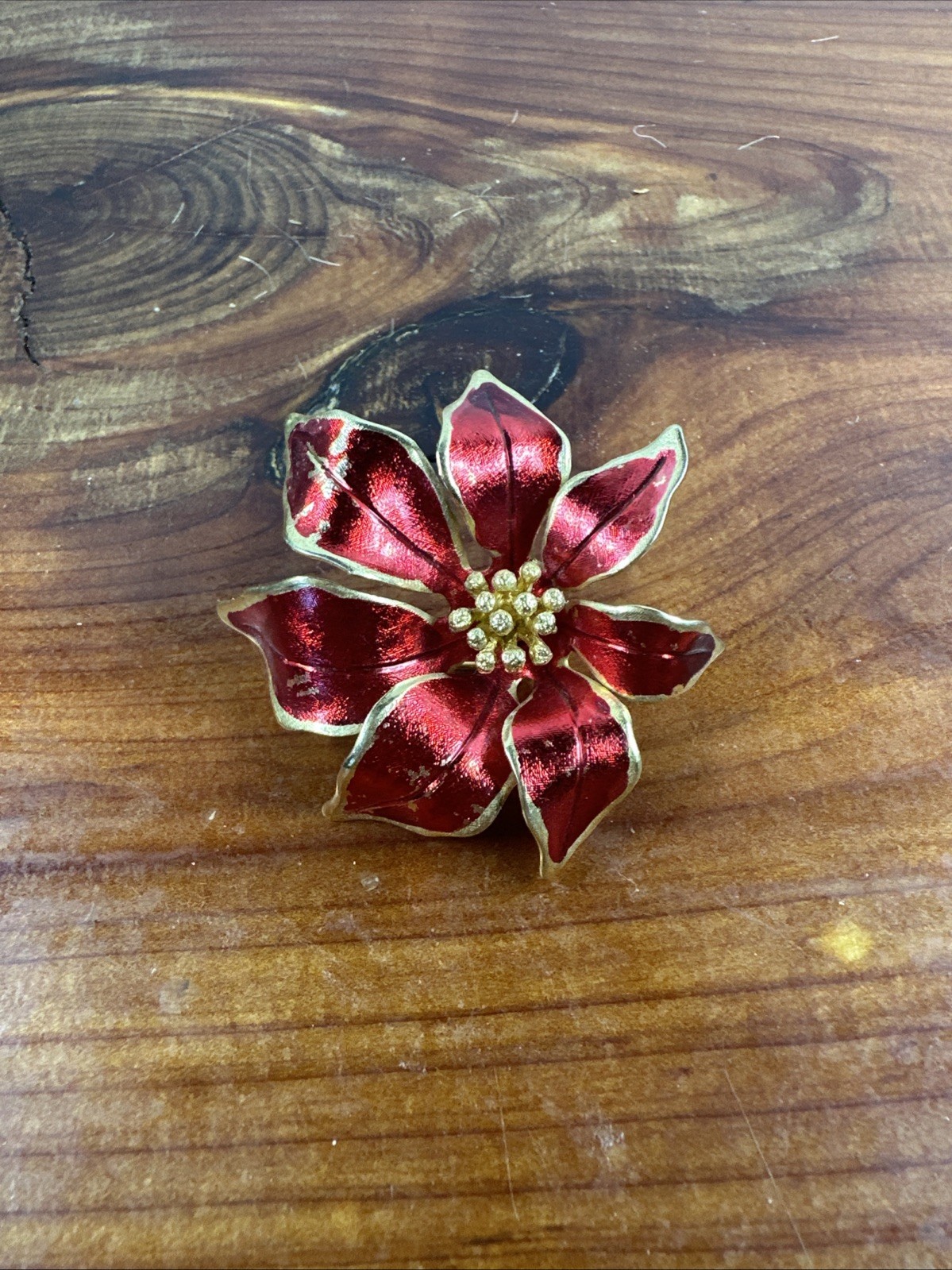 Vtg CERRITO Red Enamel Legend of POINSETTIA Brooch Pin Handcrafted Christmas 60s