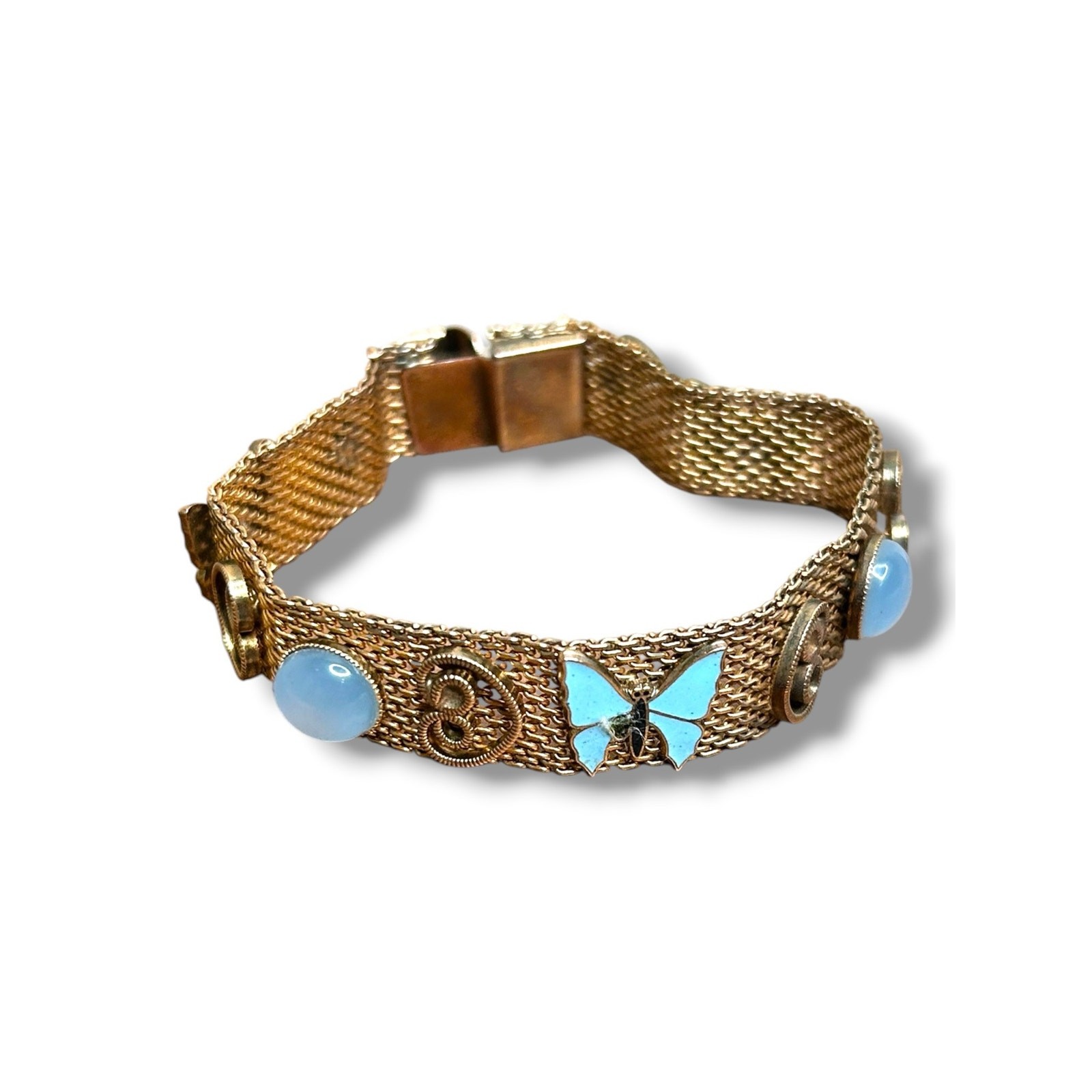 Vtg Mid Century Gold Tone Mesh Bracelet Blue Butterfly Charm Victorian Revival