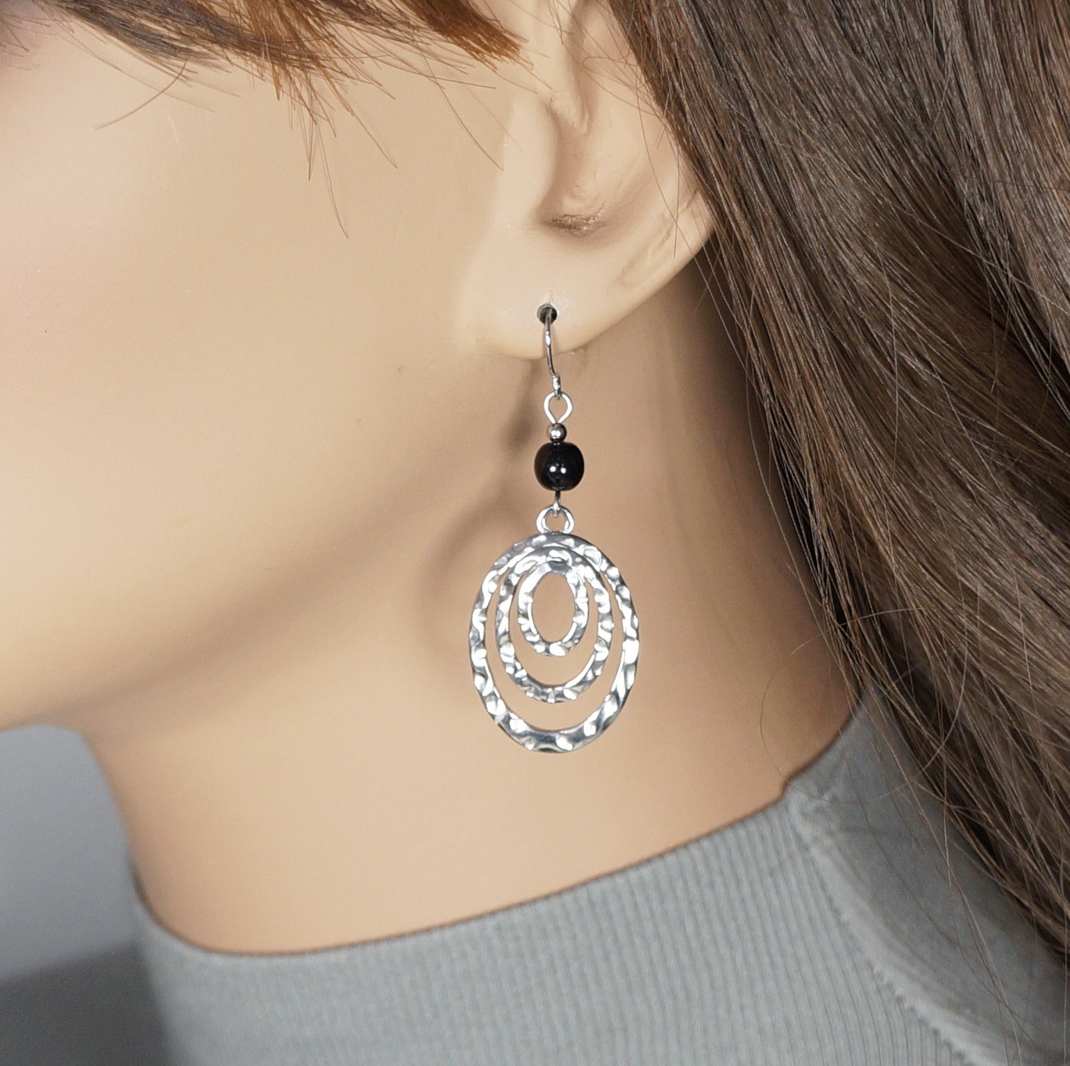 Gold or Silver Oval Hammered Drops with Black Beads Earrings, Hypoallergenic