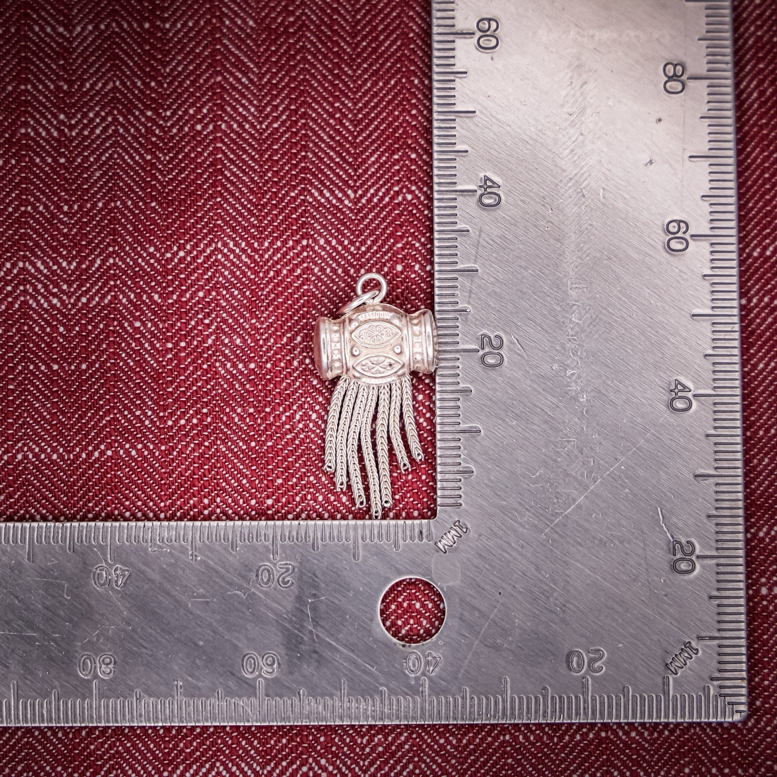 Antique French Puffy Tassel Charm Sterling Silver Die Struck Engraved Clover