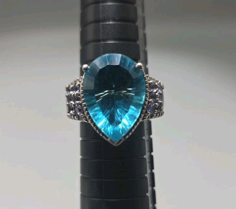 Vintage 925 Sterling Silver Statement Ring w/ Large Blue Topaz Sz 9 Cocktail