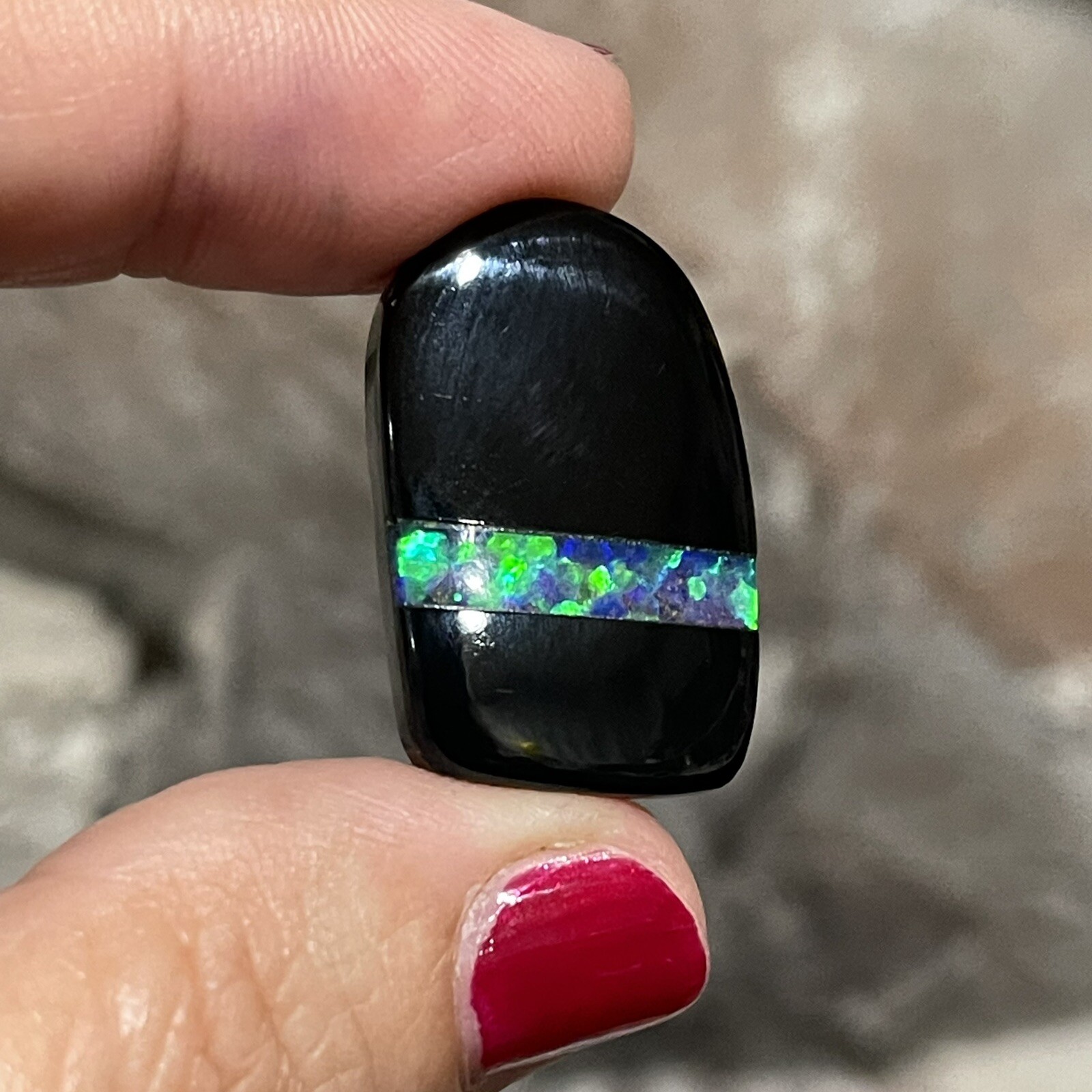 29ct 27.4c17.2×6.2mm Black Onyx And Lab Created Opal Inlay Intarsia Cabochon