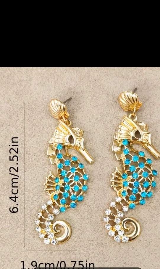 Sparkling Blue & clear Rinestone Embellished Goldtone Seahorse Dangling Earrings