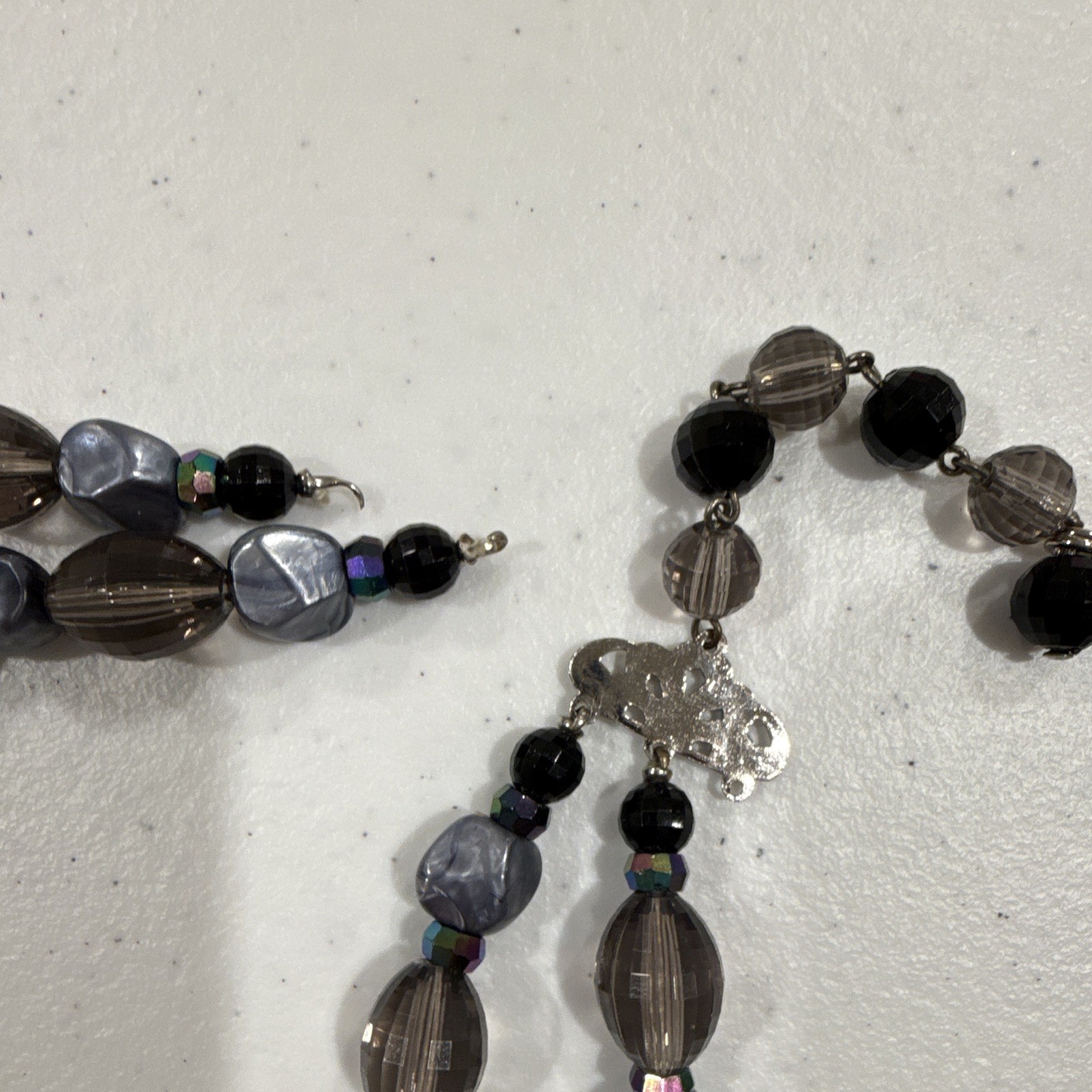 Glass Beaded Jewelry Set Necklace Bracelet & Earrings Black Gray Silver Oval
