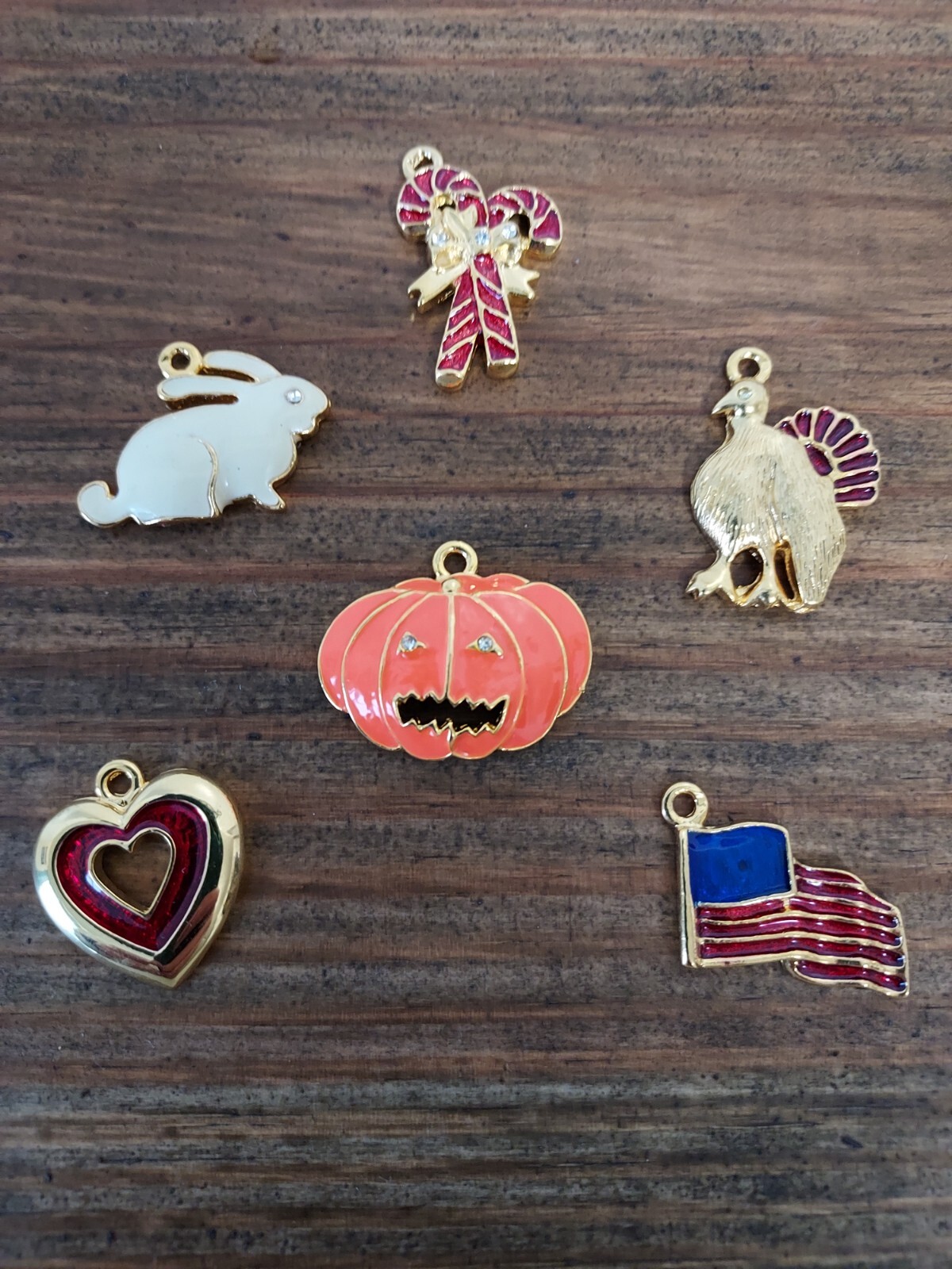 Holiday Pendants Lot of 6 Gold-tone Enamel Color Halloween Christmas Easter more