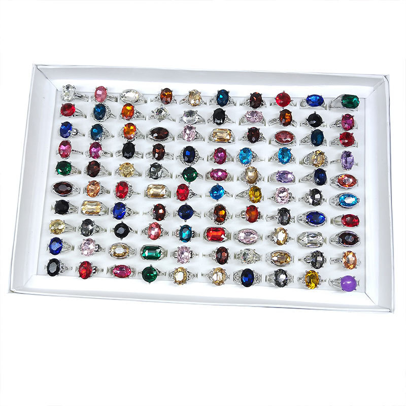 100Pcs Wholesale Colorful Crystal Mixed Rings Bulk Finger Band Ring Jewelry Lot