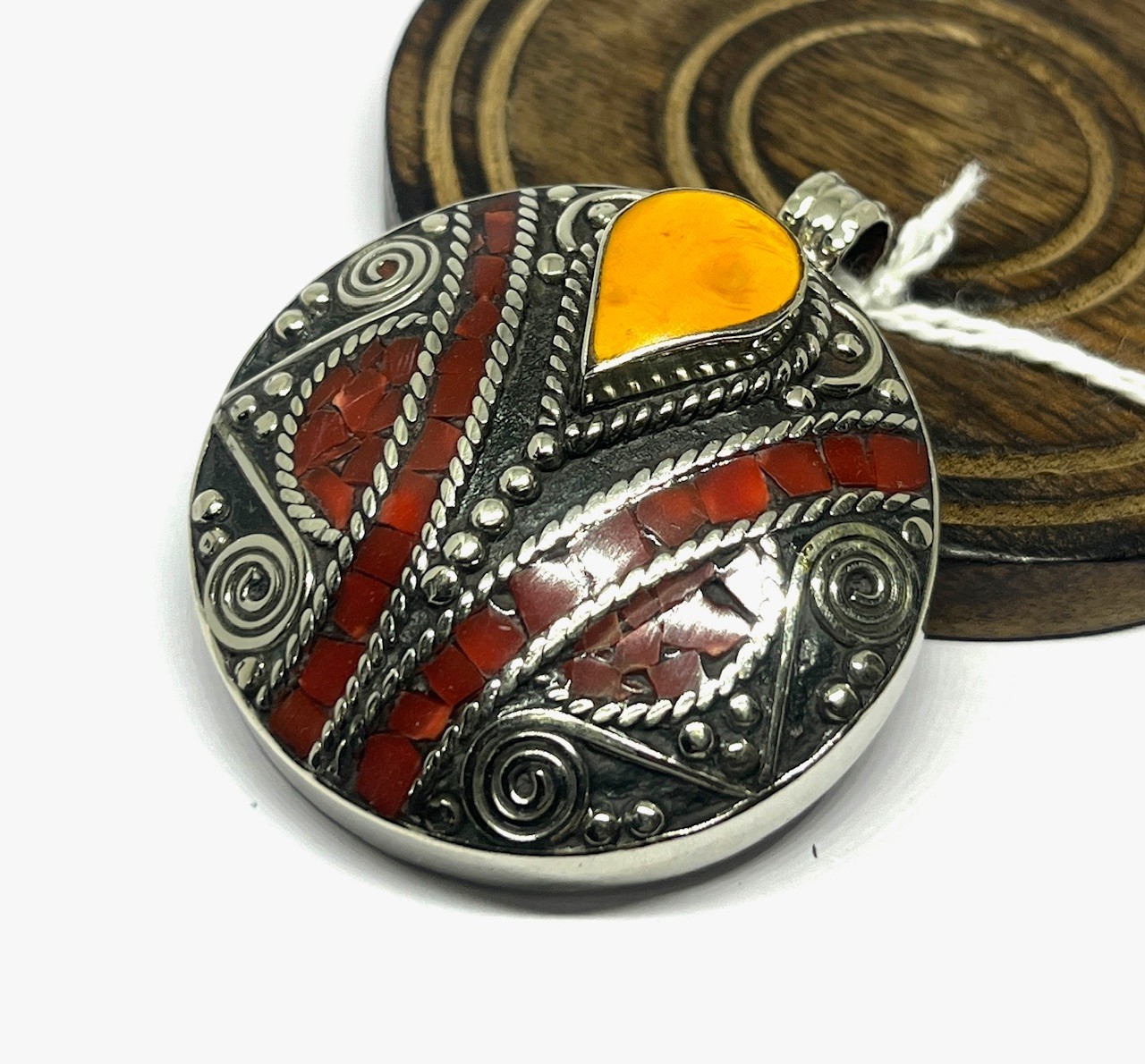 Antique Red Coral Amber Gemstone Tibetan Statement Pendant Jewelry, 2.0 inch