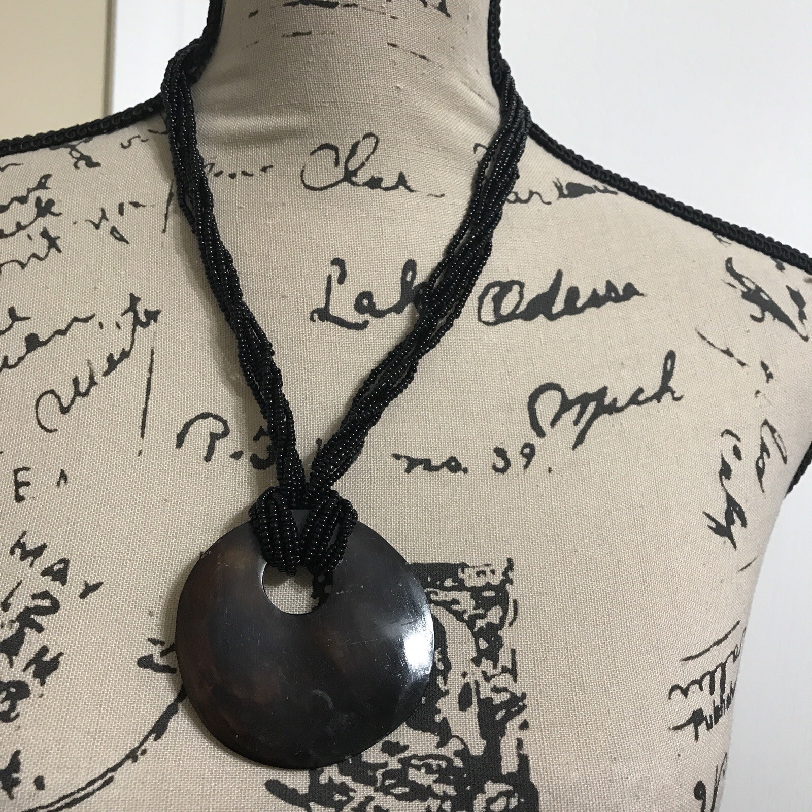 Black Pendant Round Disc Seed Bead Multi-Layer tussles Necklace African Kenya