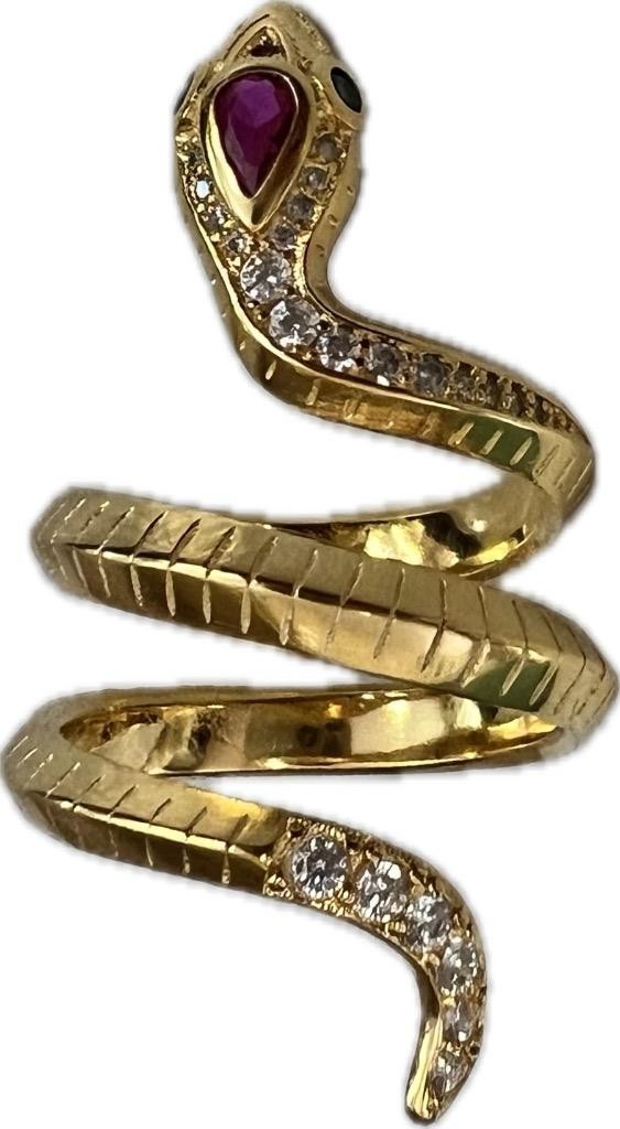 REAL Ruby Emerald Diamond Snake Ring 14K Y Gold on 925 wrap coiled Egyptian Rev
