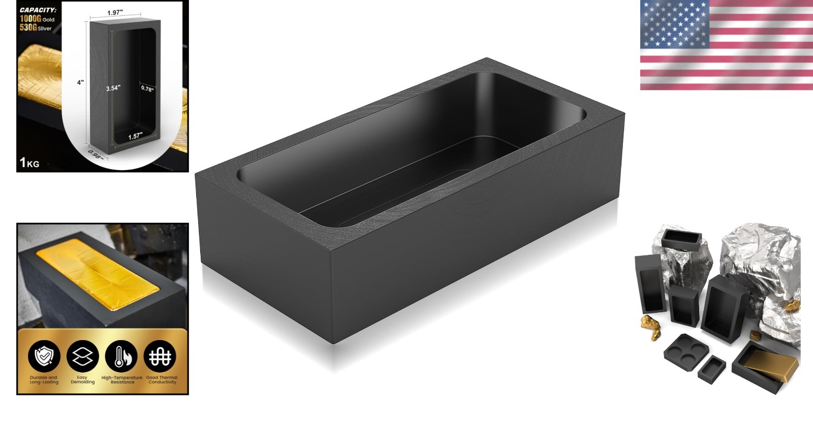 1-Piece High-Purity Graphite Mold, Heat Resistant up to 1800℃ for Metal Melting