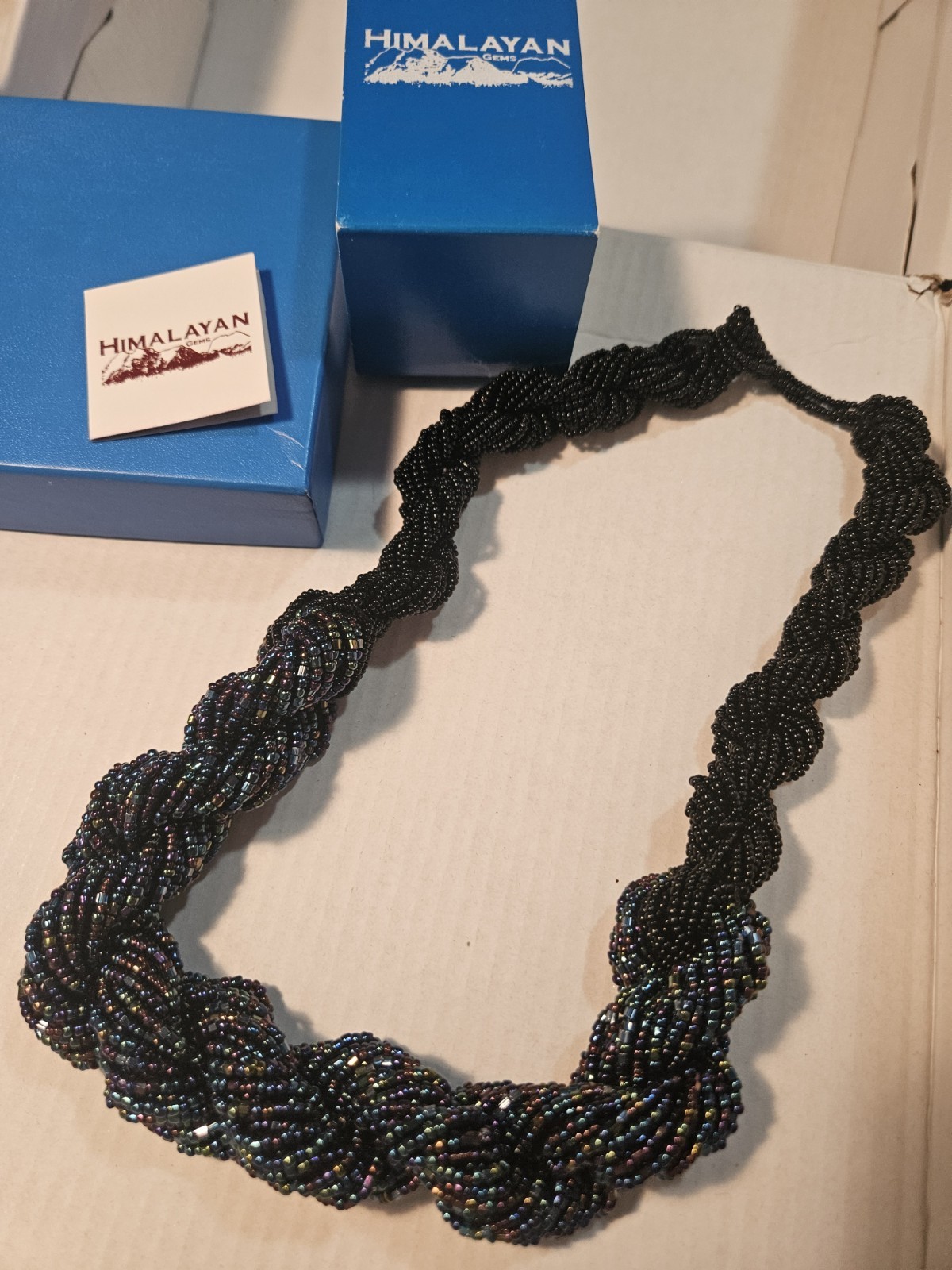 Himalayan Gems Andrew Stone Twisted Peacock Iridescent Seed Bead Necklace NEW