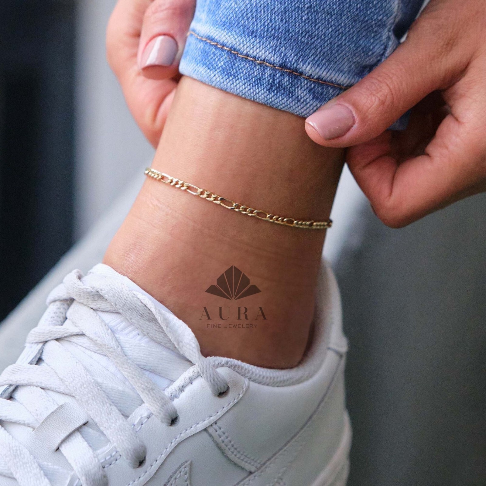 14K Gold Figaro Chain Anklet, 2mm 3mm 4mm 5mm Genuine Gold Chain Anklets, Gold