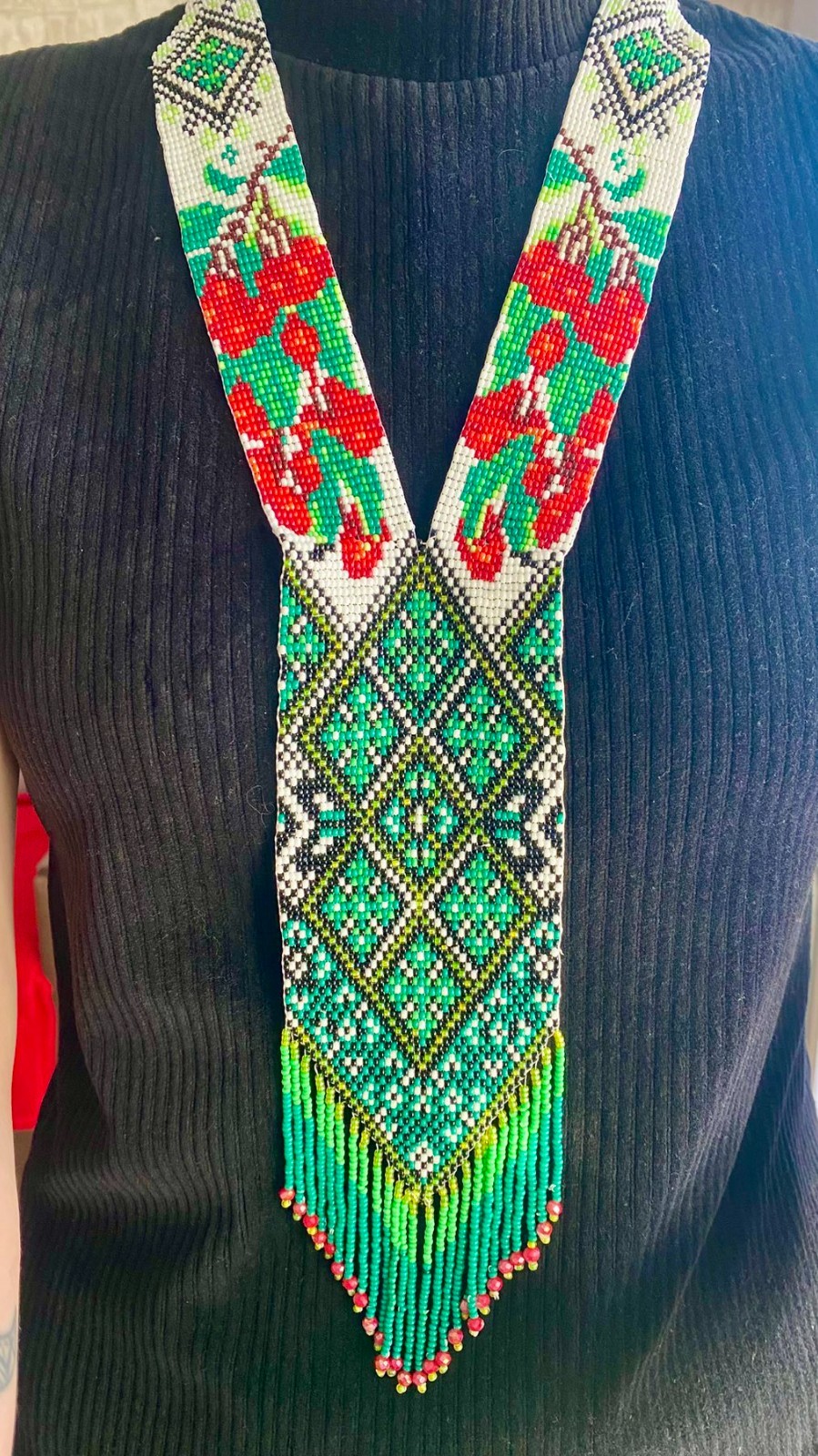 Ukrainian Handmade Beaded Gerdan Necklace Green Folk Boho Jewelry Gift Her