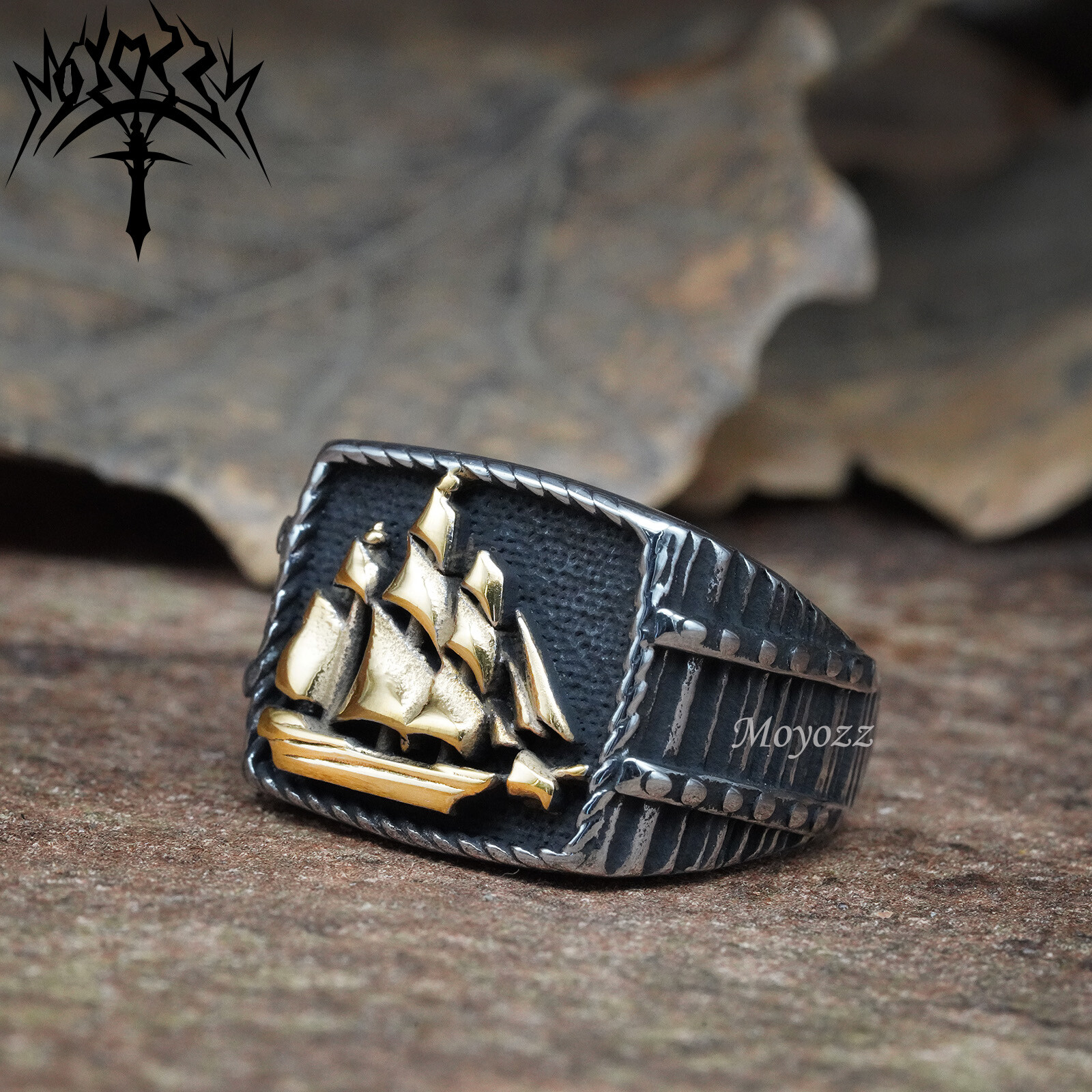 Mens Stainless Steel Gold Nautical Sailor Marine Pirate Ship Ring Size 7-15 Gift