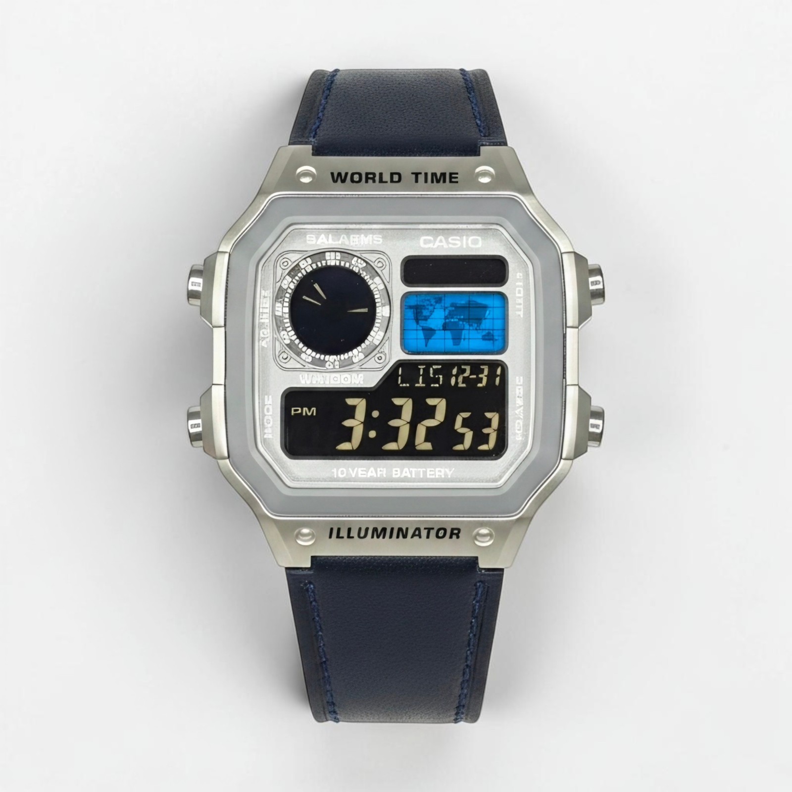 Silver CASIO AE-1200WHD. Royale Watch Mod. Negative Display. Blue World Map