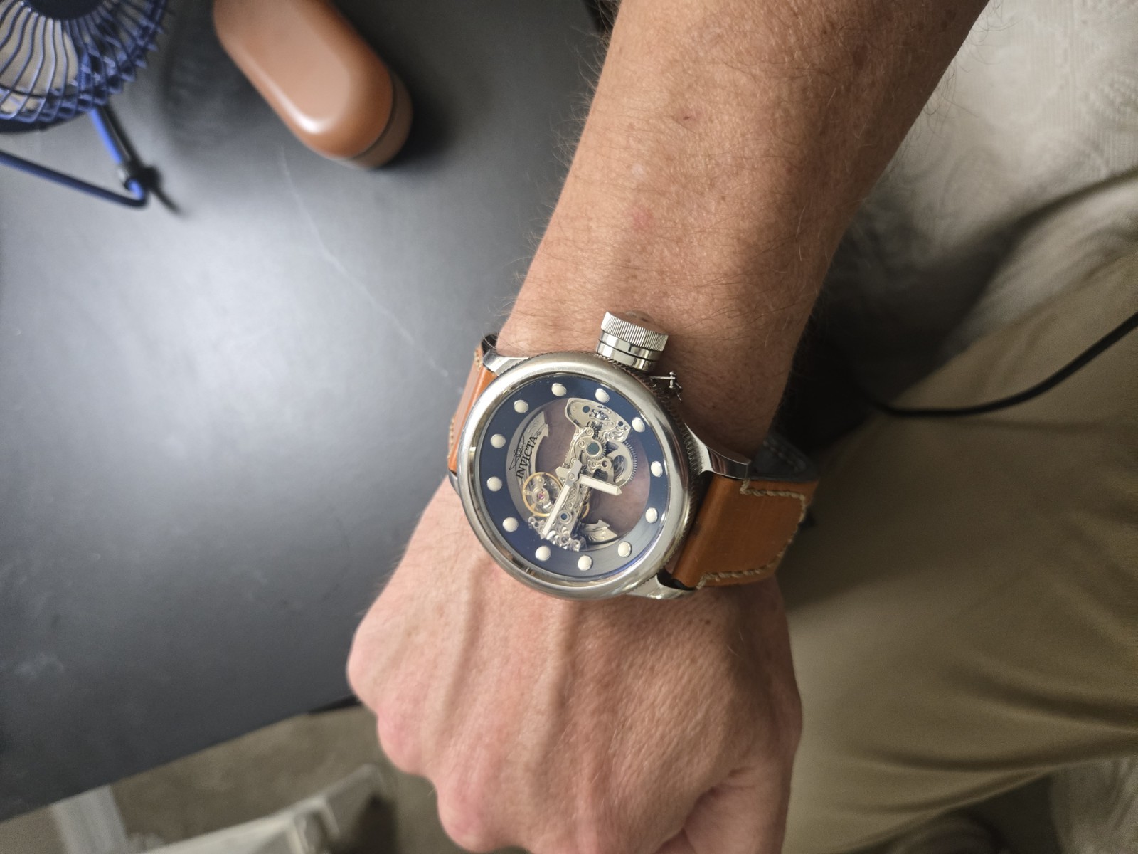 Invicta Russian Diver 52mm Automatic Skeleton Blue Dial 100m Leather Strap