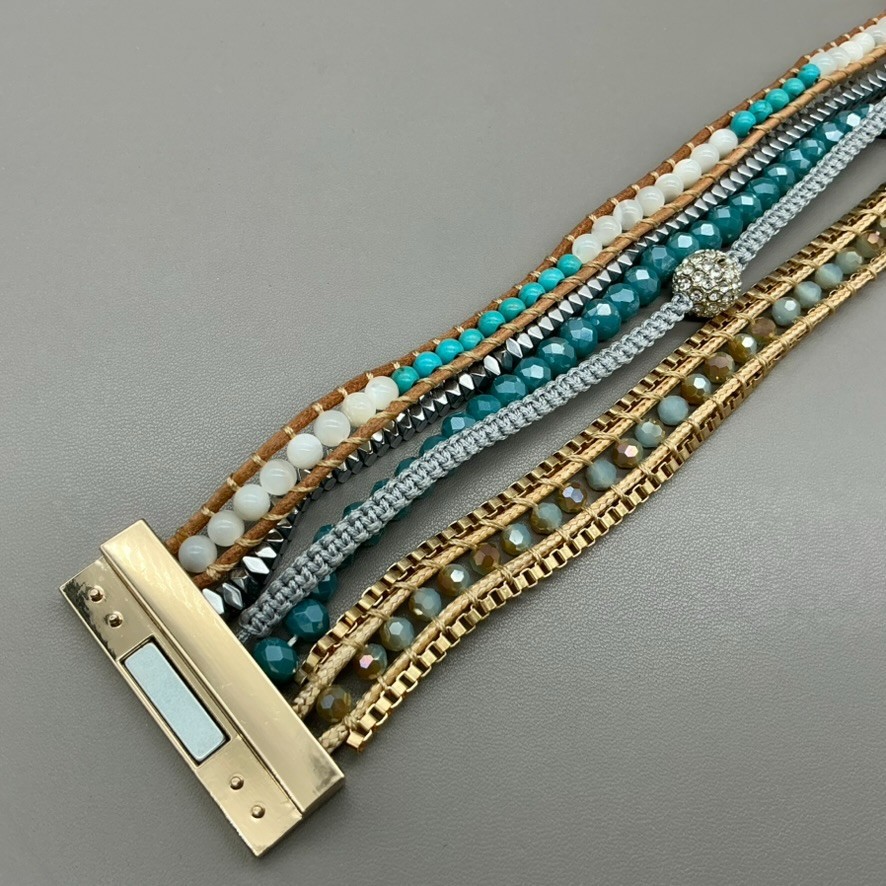 Victoria Emerson Bracelet Multi Strand Teal Beaded Crystal Leather Magnetic 7.5″