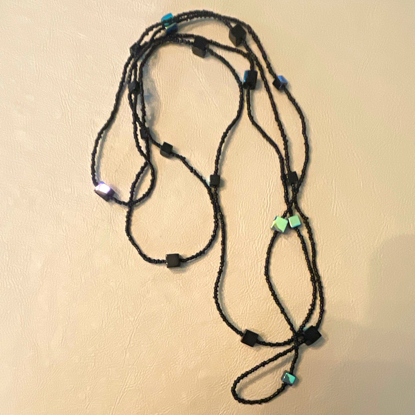 Black Bohemian Layered Beaded Rope Necklace, Glass Beads, Adjustable No Clasp
