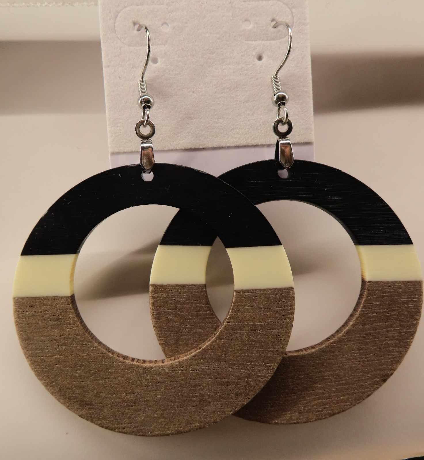 Black, White and Brown Resin Hoop Style – Clay – 3″ Dandle Drop Earrings