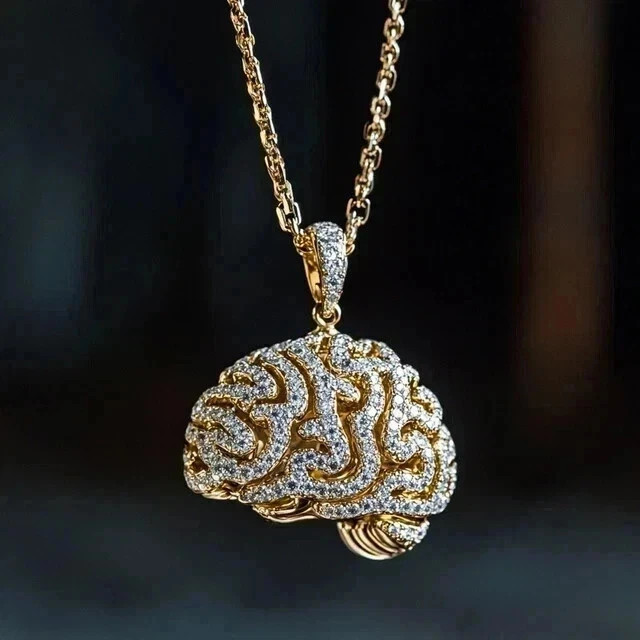 2Ct Round Cut White Moissanite Men’s Brain Pendant 14K Yellow Gold Plated