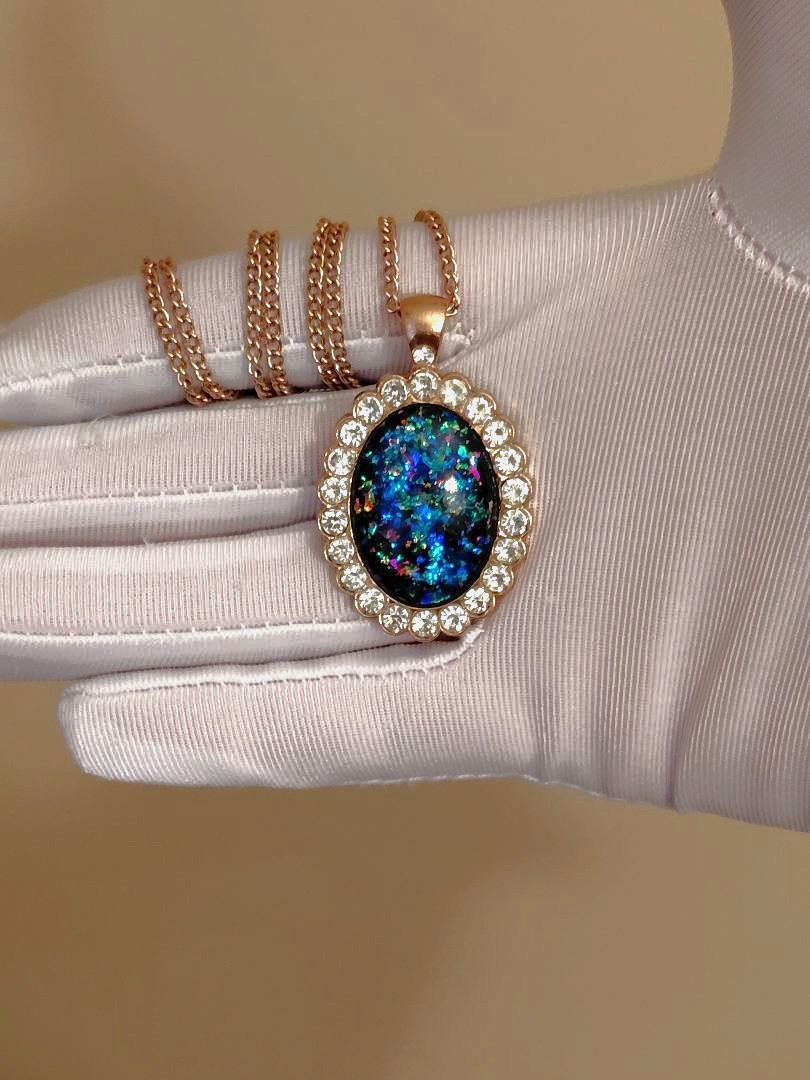 Opal Pendant Royal Blue Resin Opal On 18-Karat Rose Gold-Plated Stainless-Steel