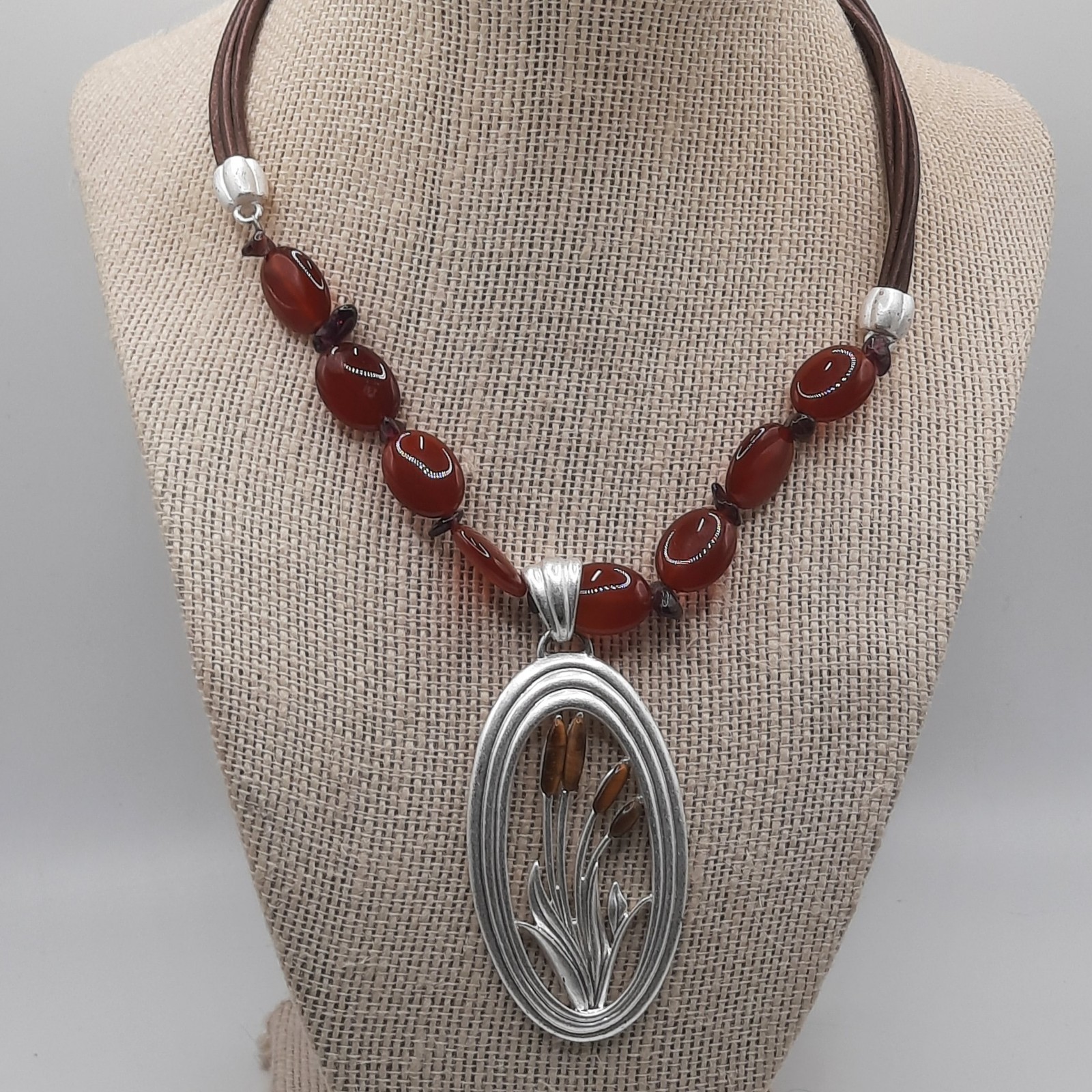 Cattail Pendant Necklace Tigers Eye Carnelian & Garnet Leather Cord 16-18.5″