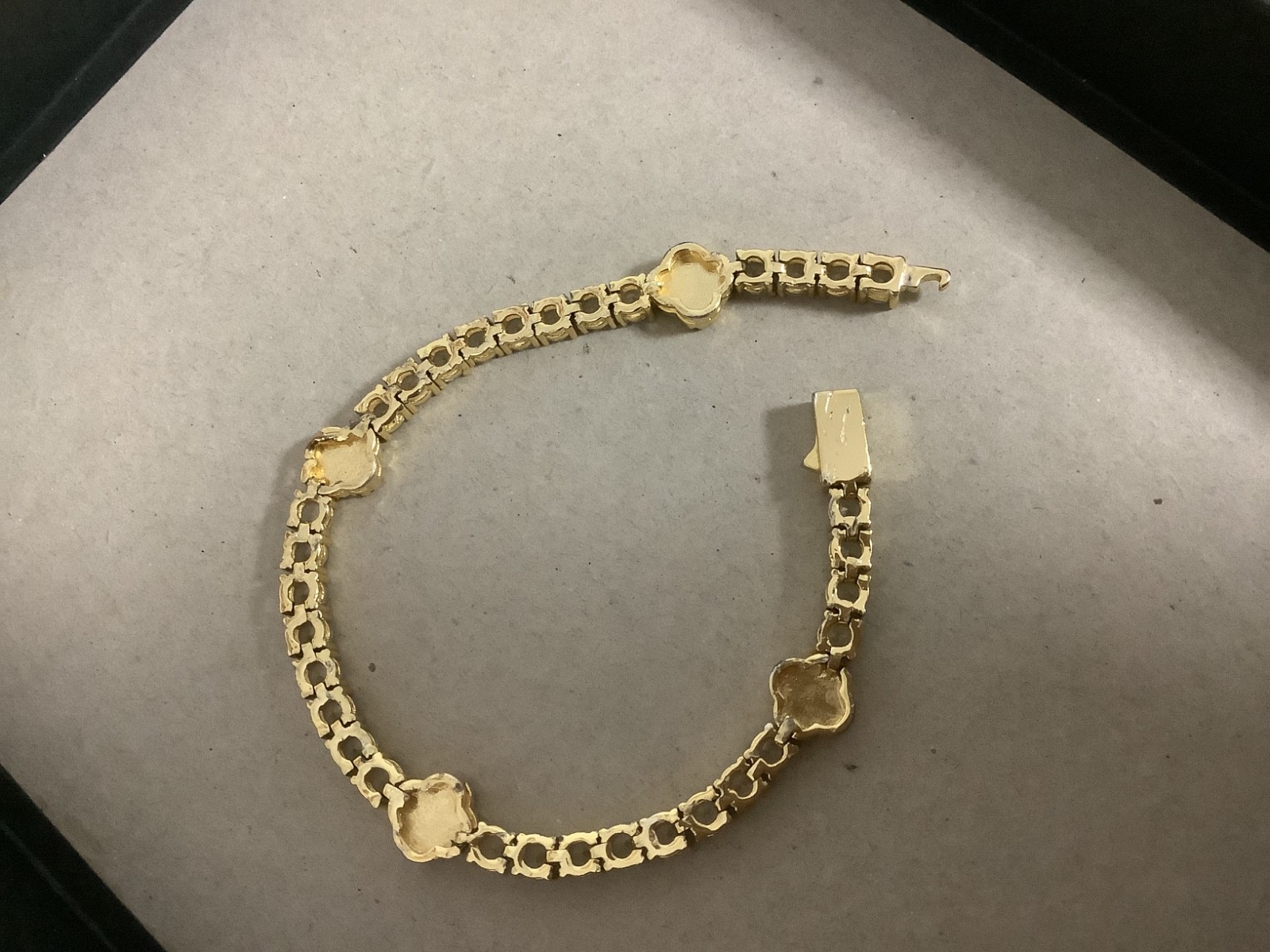 Imperium 18k gold plated CZs four leaf clover black enamel tennis bracelet 7″