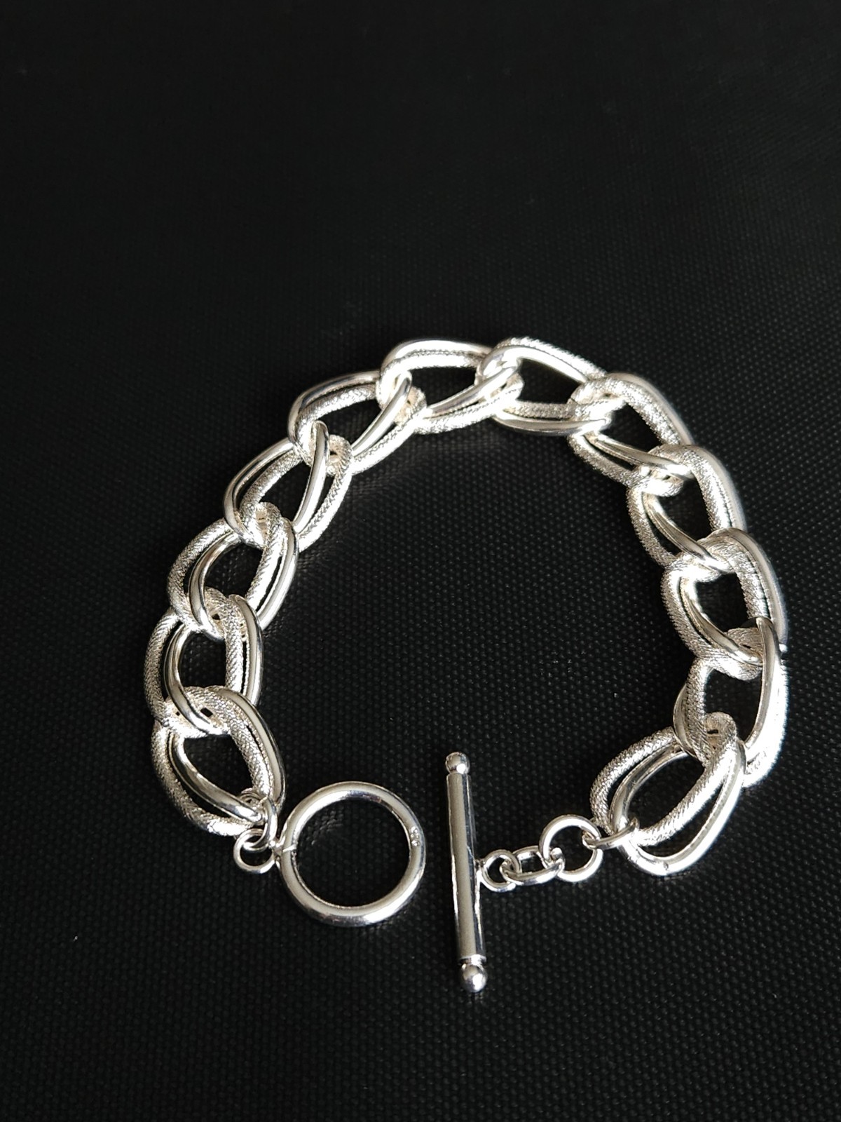 Sterling Silver Chunky Double Link Toggle Bracelet Textured Polished 20cm
