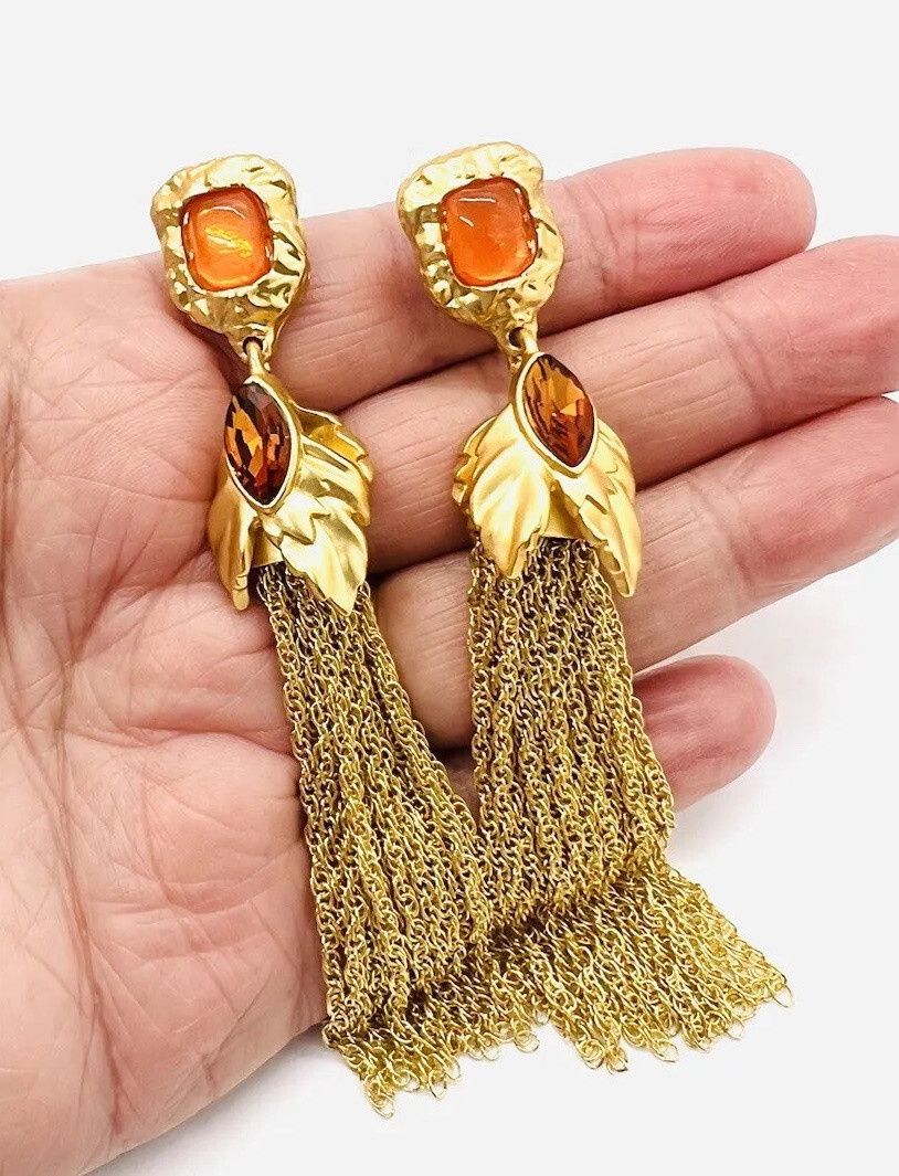 Long Catwalk Jon Amber Poured Resin & Rhinestone Chain Tassel Earrings Posts New