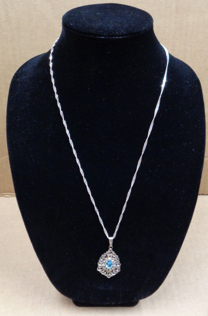 ESTATE JEWELRY .925 Sterling ITALY Turquoise Blue Pendant Twisted Necklace 24″ L