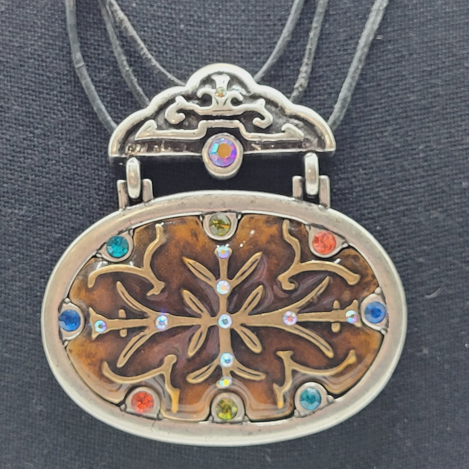 Chico’s Enamel and Rhinestone Pendant Necklace Triple Stand Cord Vintage Signed